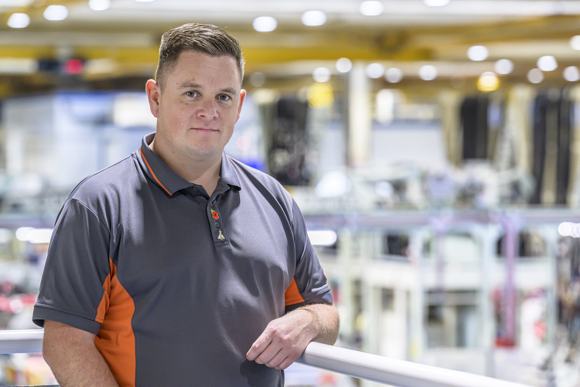 Eurofighter Typhoon worker Matt Cunniffe stood in the BAE Systems production facility in Lancashire, UK