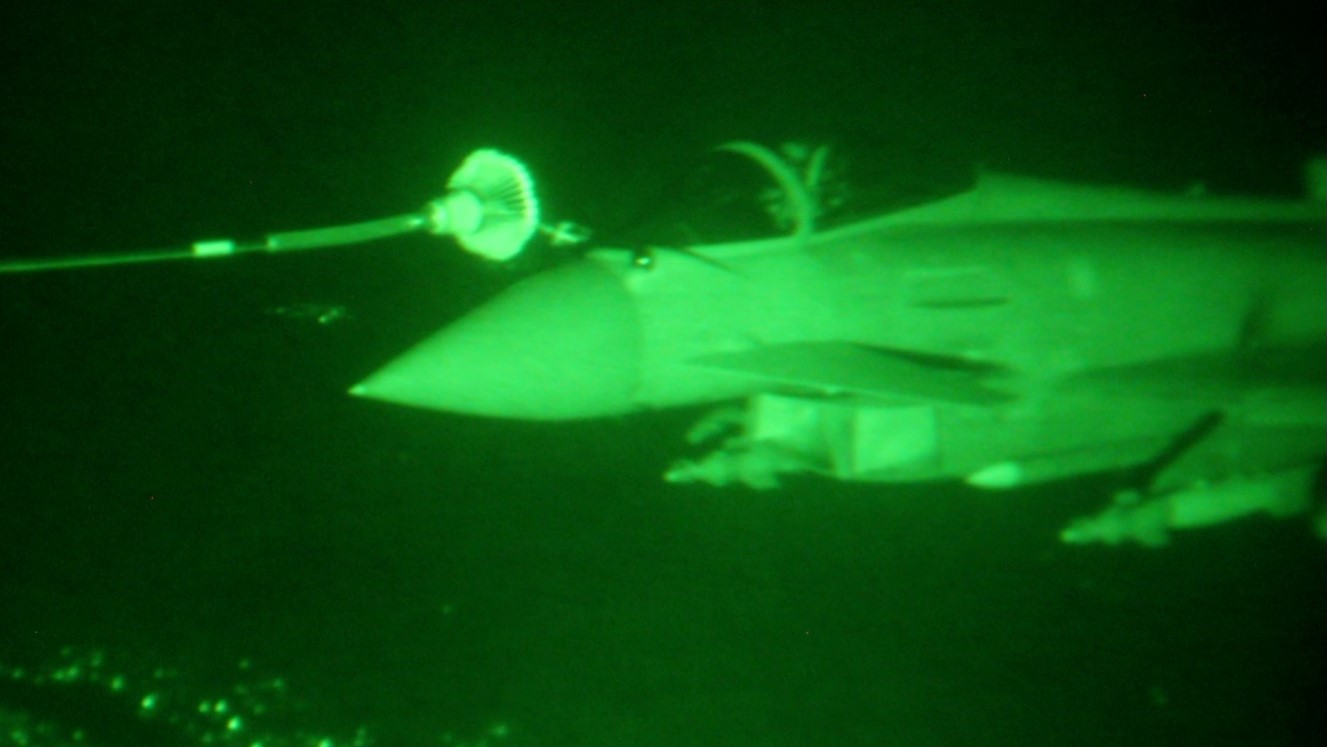 A Typhoon aircraft refuels during a night flight