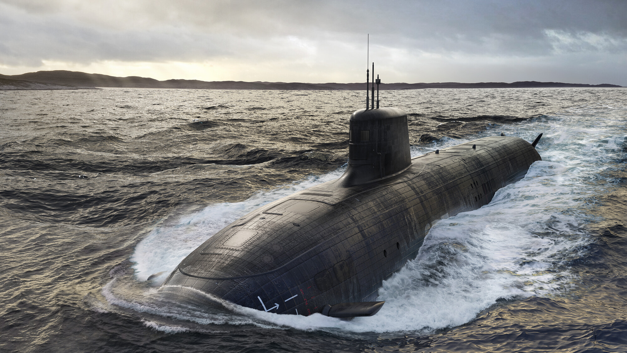 AUKUS submarine sailing CGI render