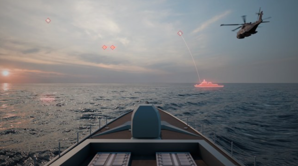 Image of virtual seascape with ship and helicopter