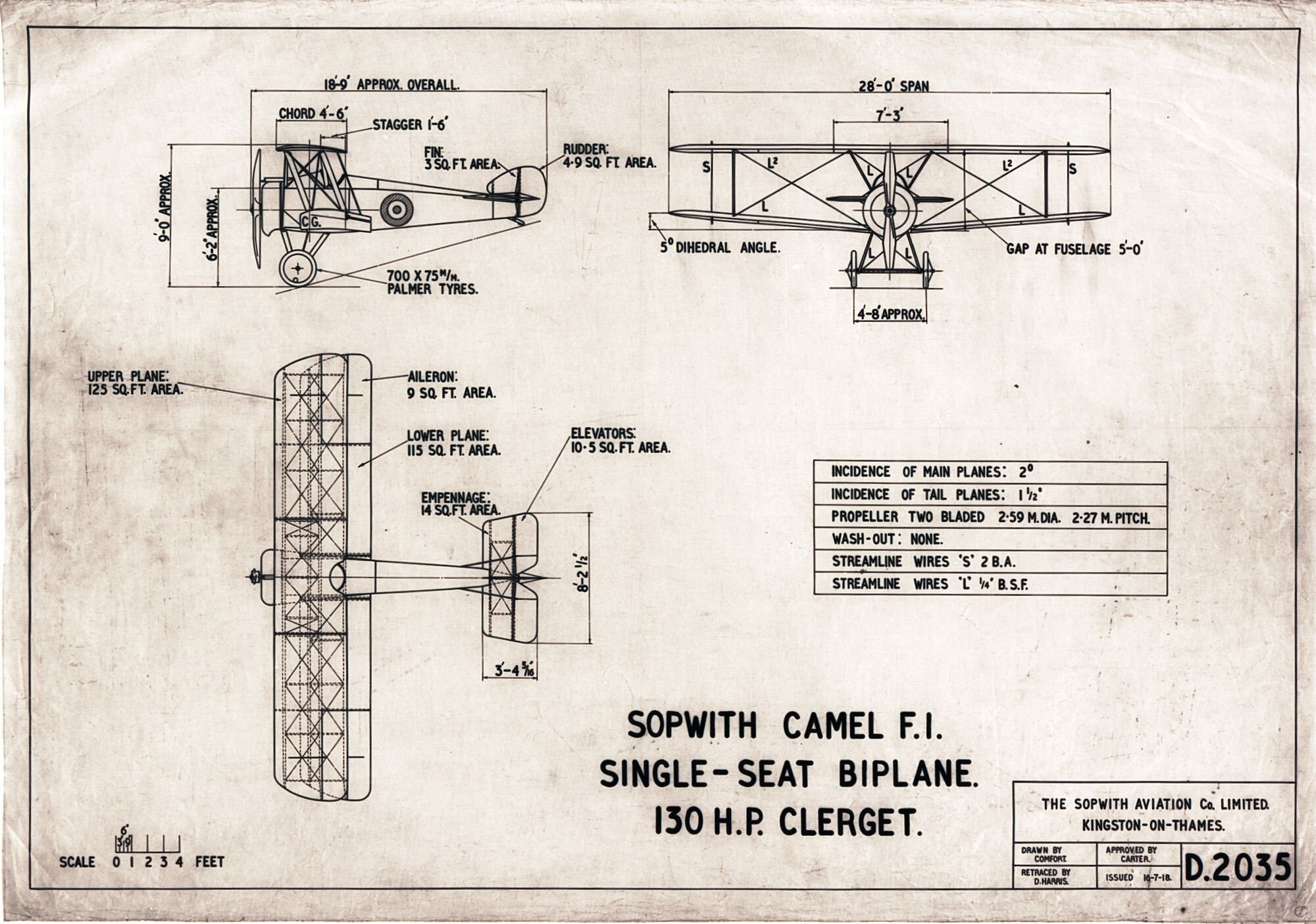 Sopwith Camel F.1 general arrangement 3-view drawing, dated 16th July 1918.