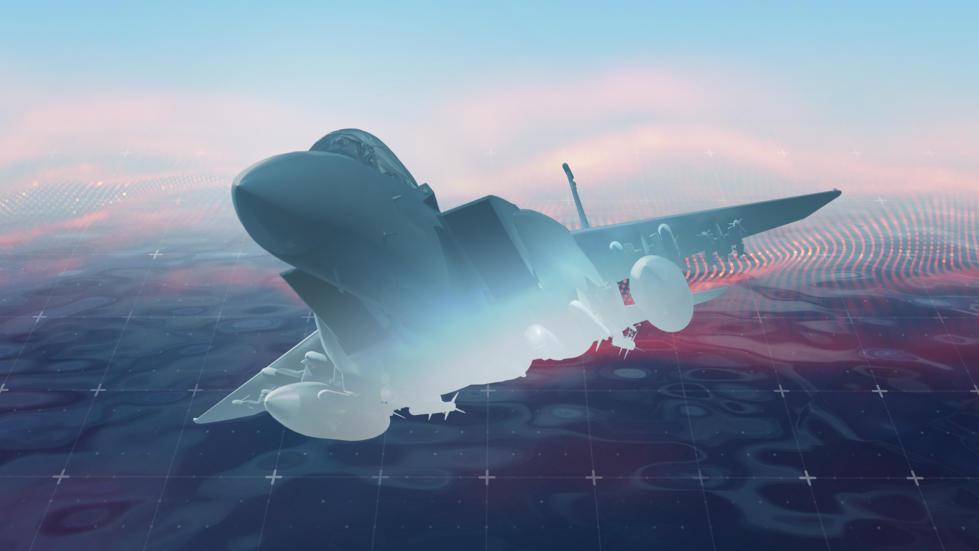 Outline of a fighter jet aircraft overlaid on a digital rendering of an undulating landscape