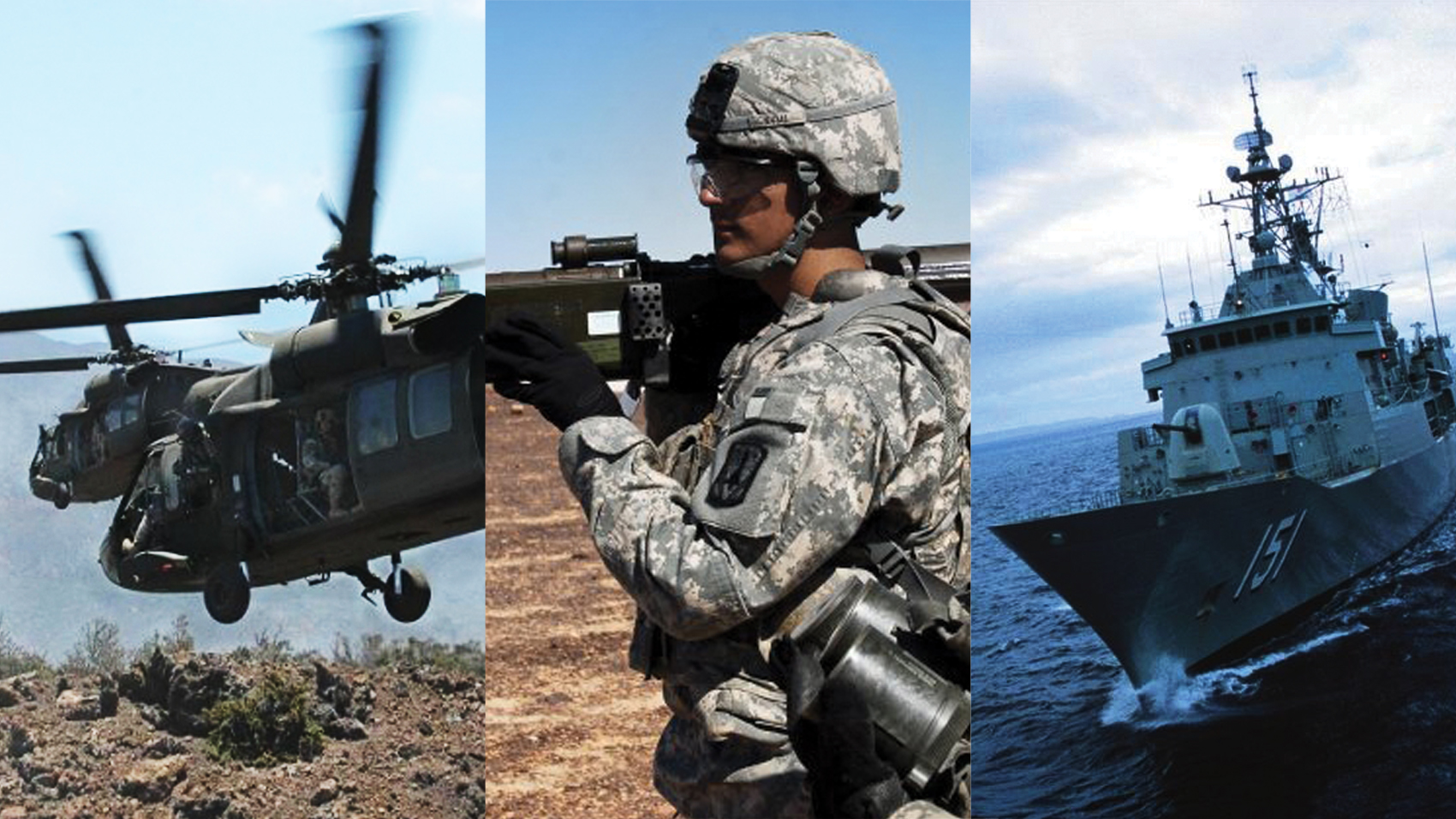 Banner combining photos of a military aircraft, ground troops, and ship to represent the multiple platforms protected by our advanced Identification Friend or Foe (IFF) systems worldwide. 