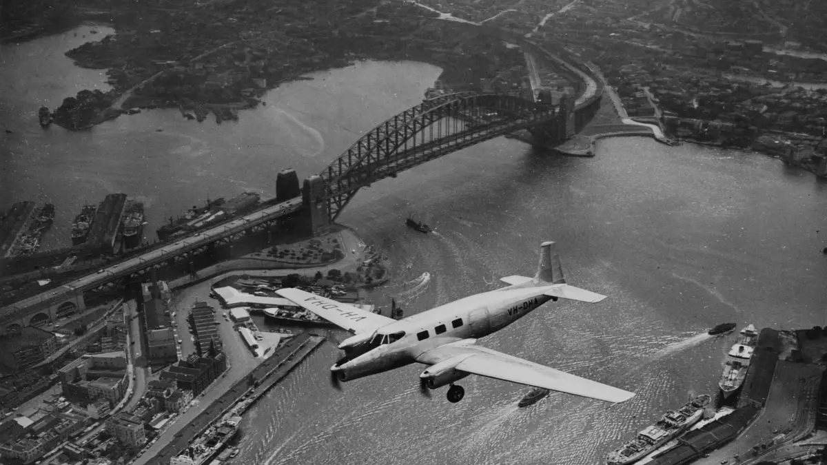 De Havilland Australia DHA-3 Drover Mk1 flying over Sydney Harbour