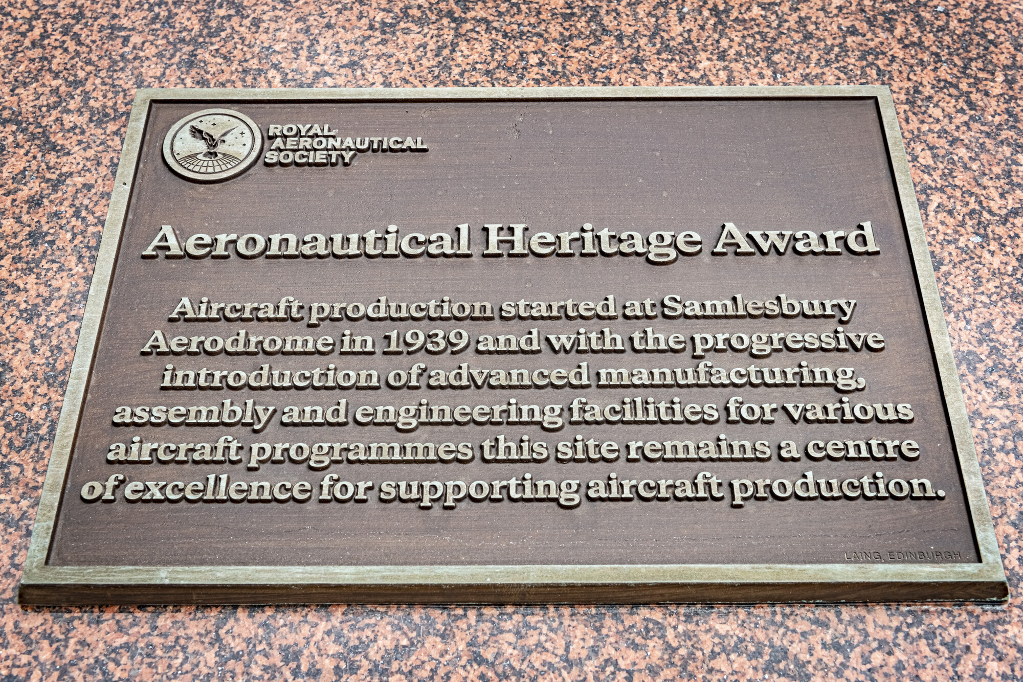 Aeronautical Heritage Award plaque at Samlesbury site