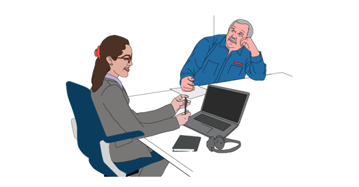 Male and female animated characters sitting at a desk
