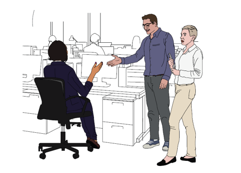One male and two female animated characters chatting in an open plan office