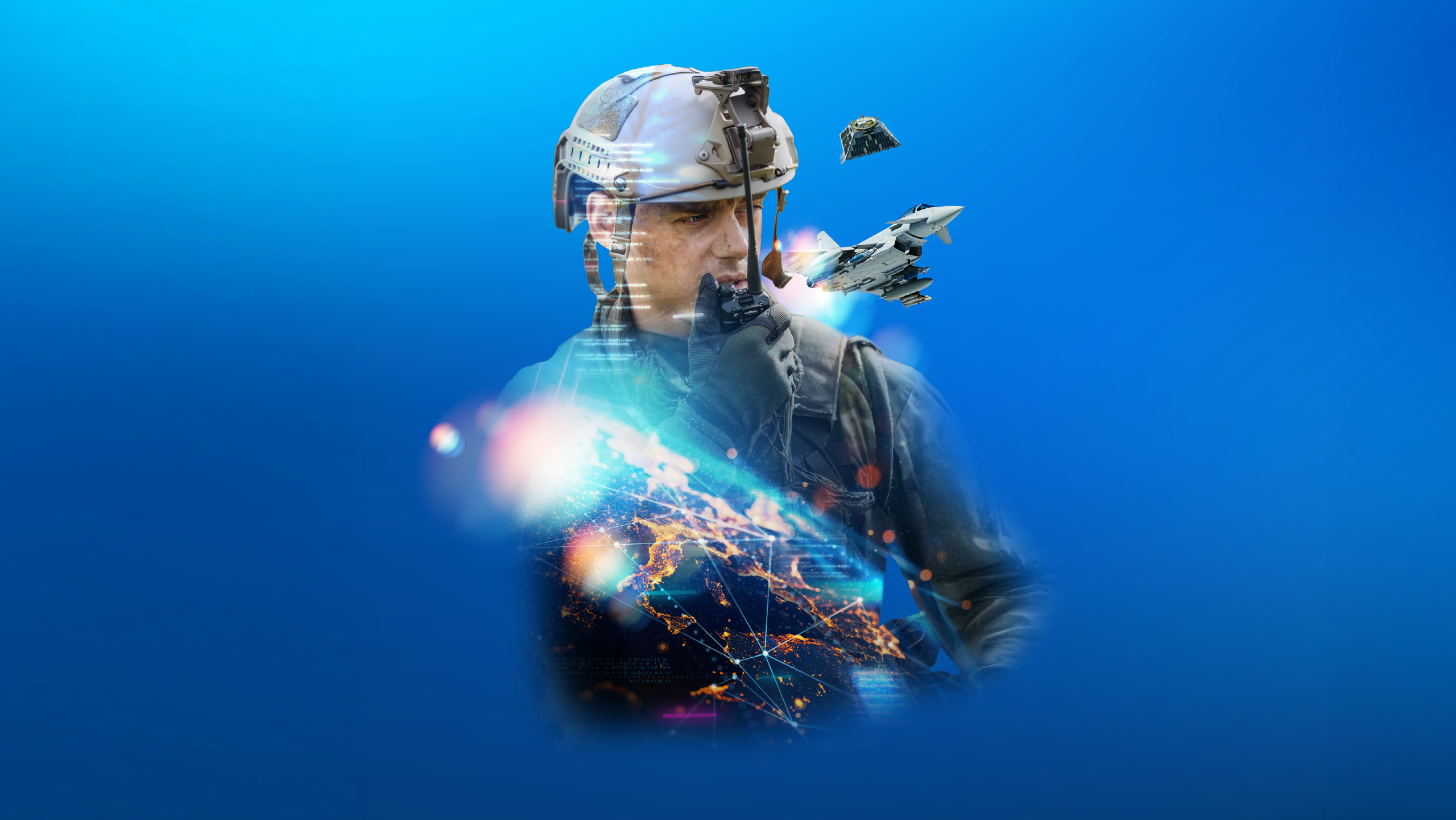 Abstract image featuring a military service man talking on a radio