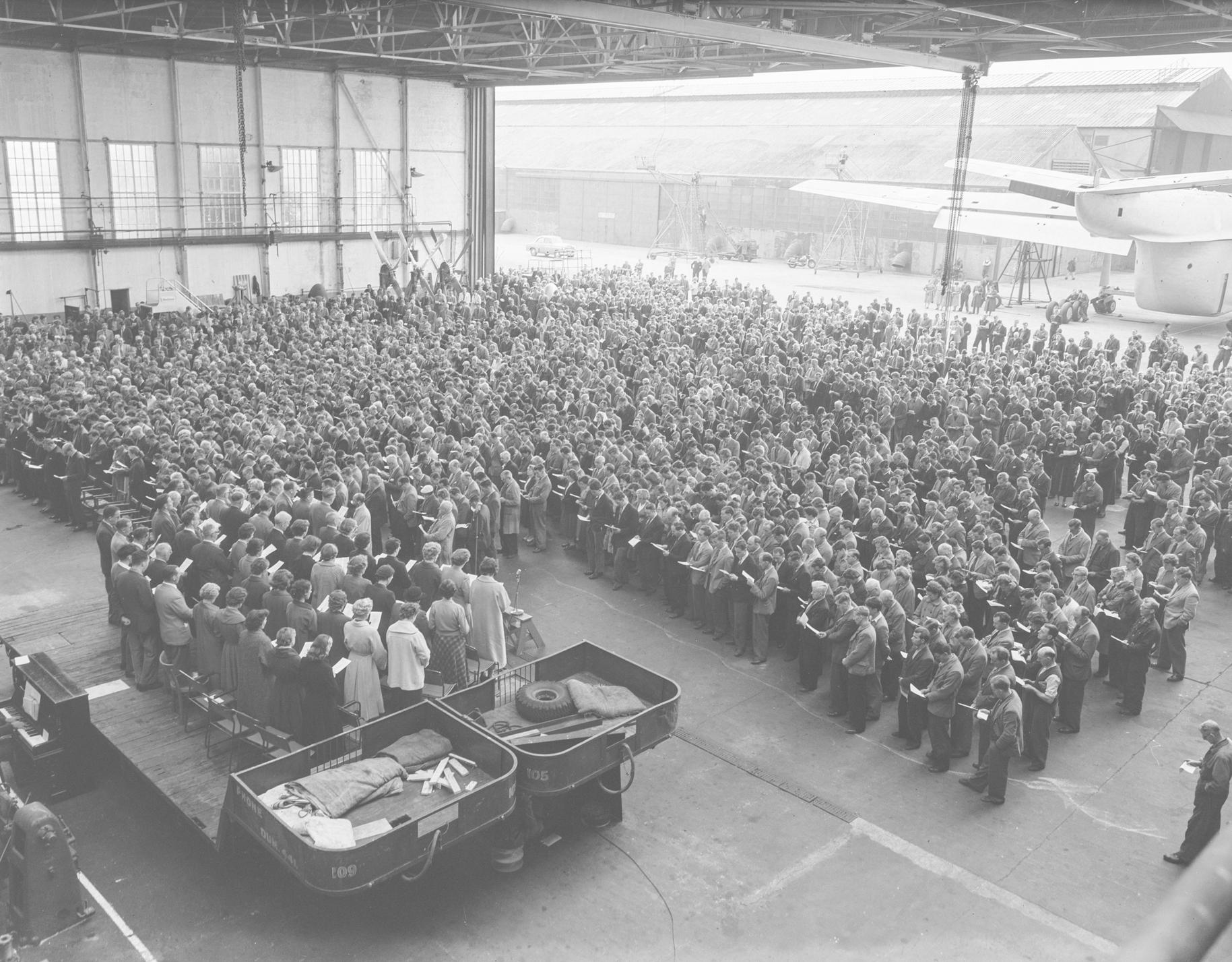 Memorial service to Robert Blackburn, founder of Blackburn Aircraft, held in the flight shed, Brough, 16th September 1955.