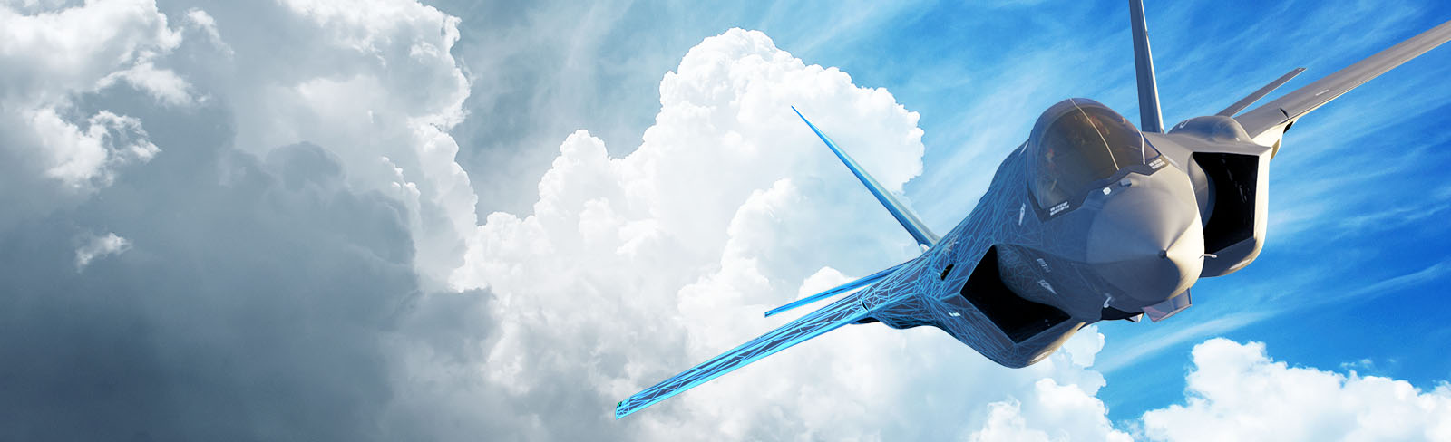 An F-35 fighter jet flies through the air with a backdrop of blue sky and puffy white clouds. A digital overlay on the aircraft represents electronic warfare capabilities.