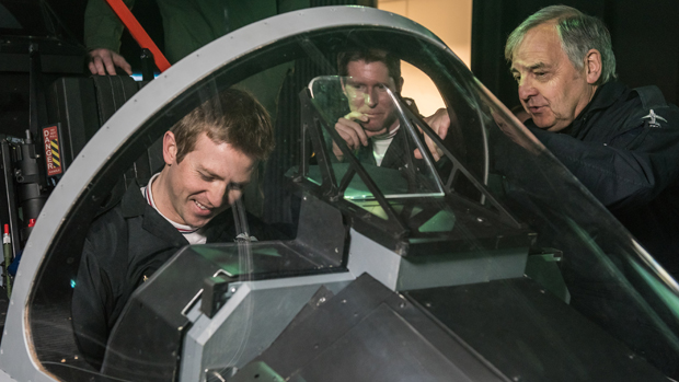 Flt Lt Ben Polwin and Flt Lt Toby Keeley try out our Mach Loop simulator