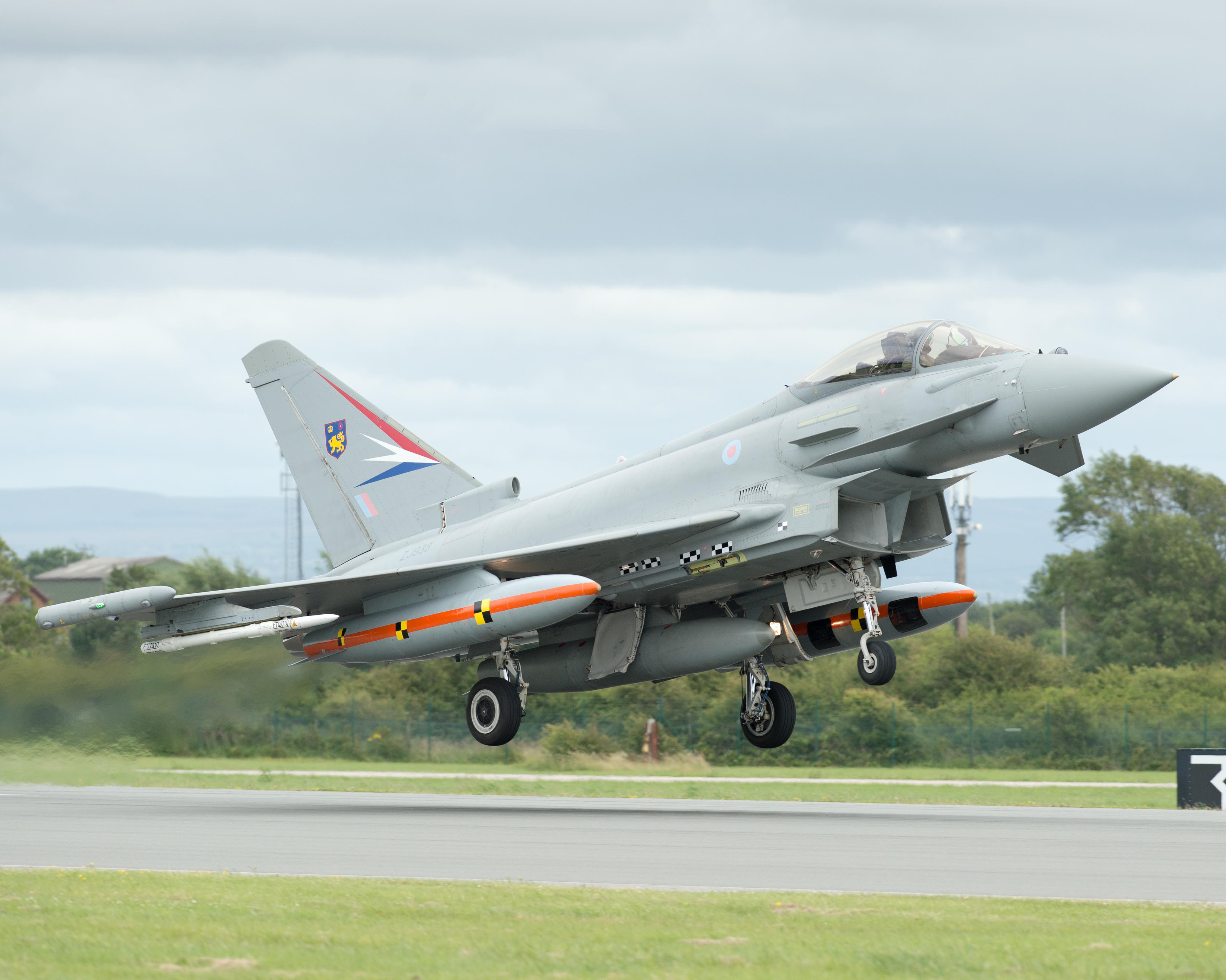 A Eurofighter Typhoon flight testing with the P2E weapons fit