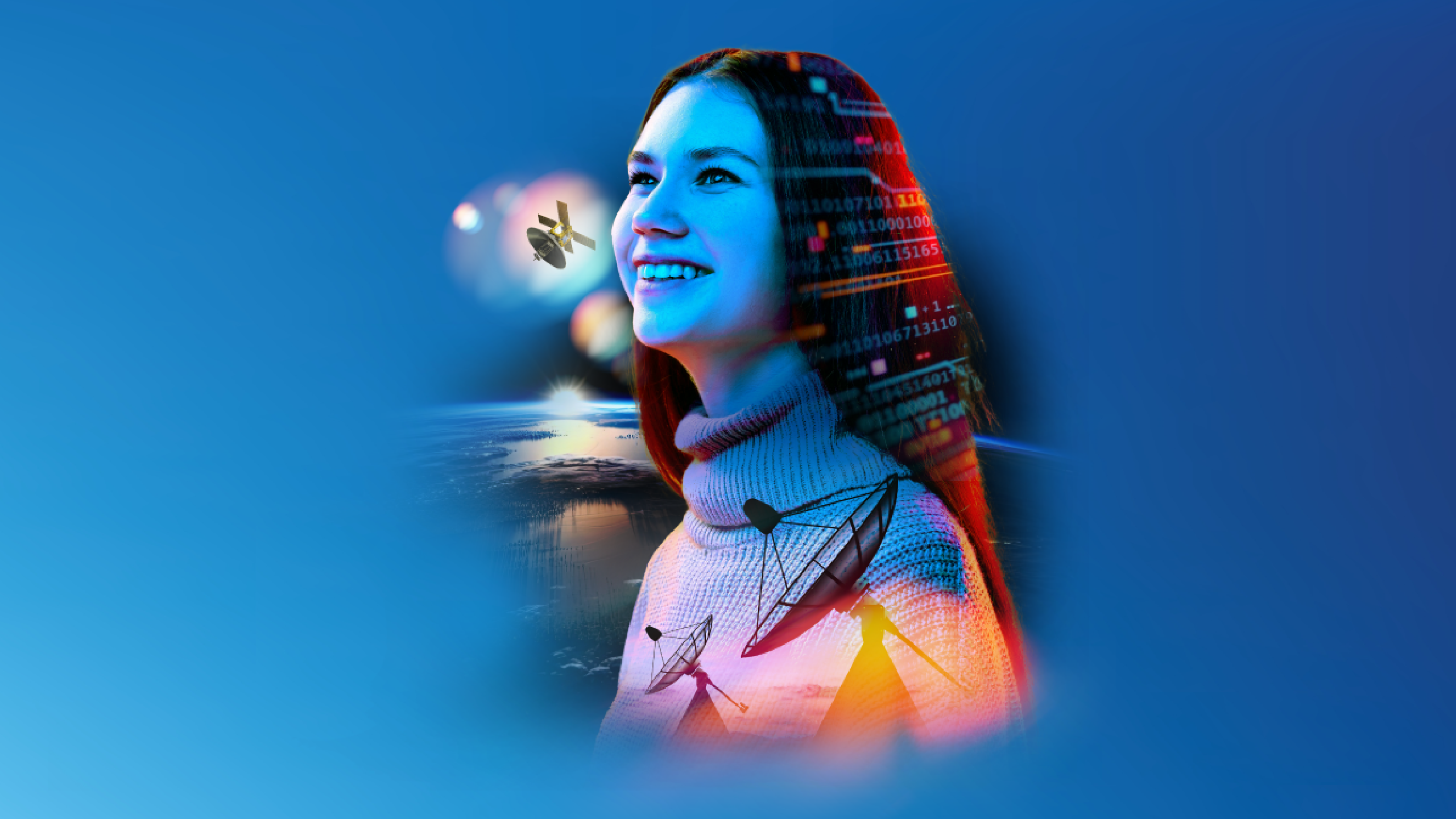 Abstract image of a girl looking at a satellite in space