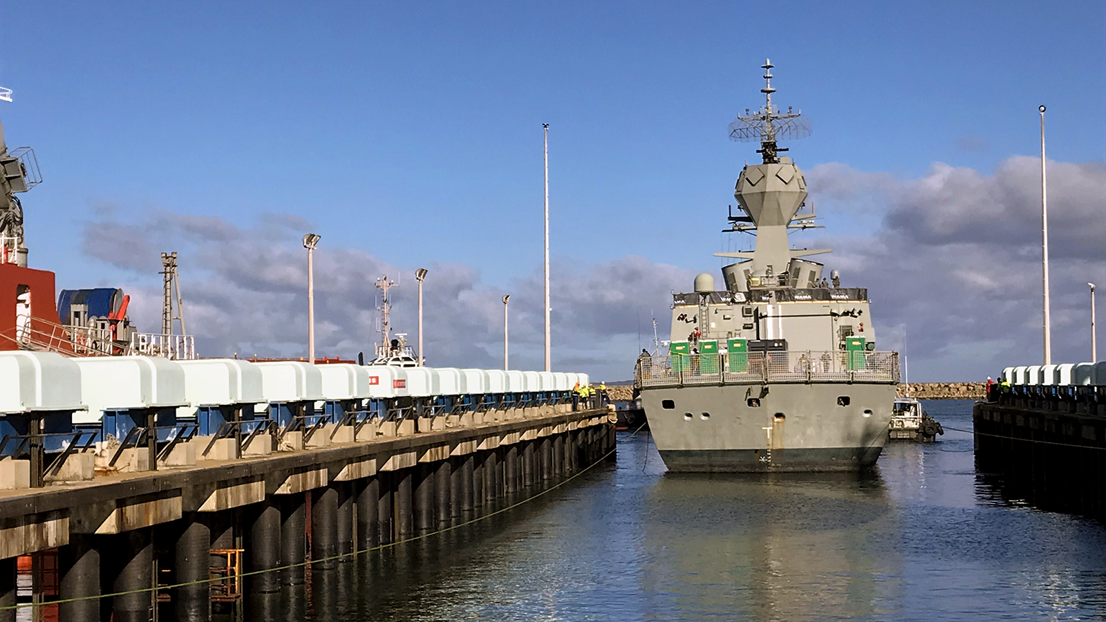 HMAS Anzac arrives at our Henderson shipyard for the AMCAP upgrade.