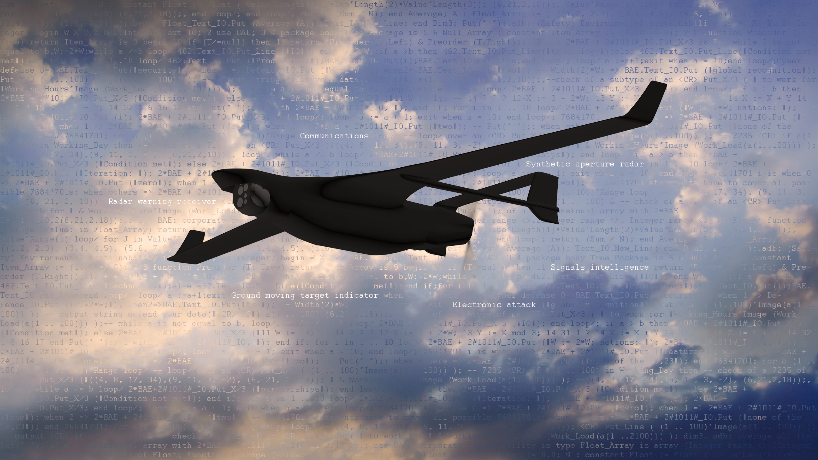An unmanned aerial system (UAS) flying amid a backdrop of clouds.