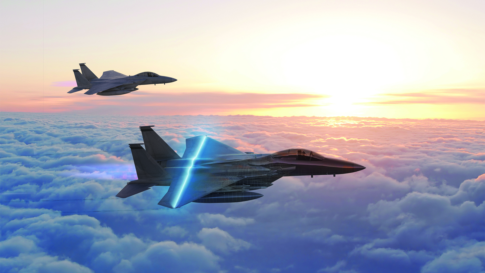  Two F-15 aircraft fly above the clouds. The sun sets in the distance. The aircraft in the foreground displays an artist’s rendering of electronic scanning.