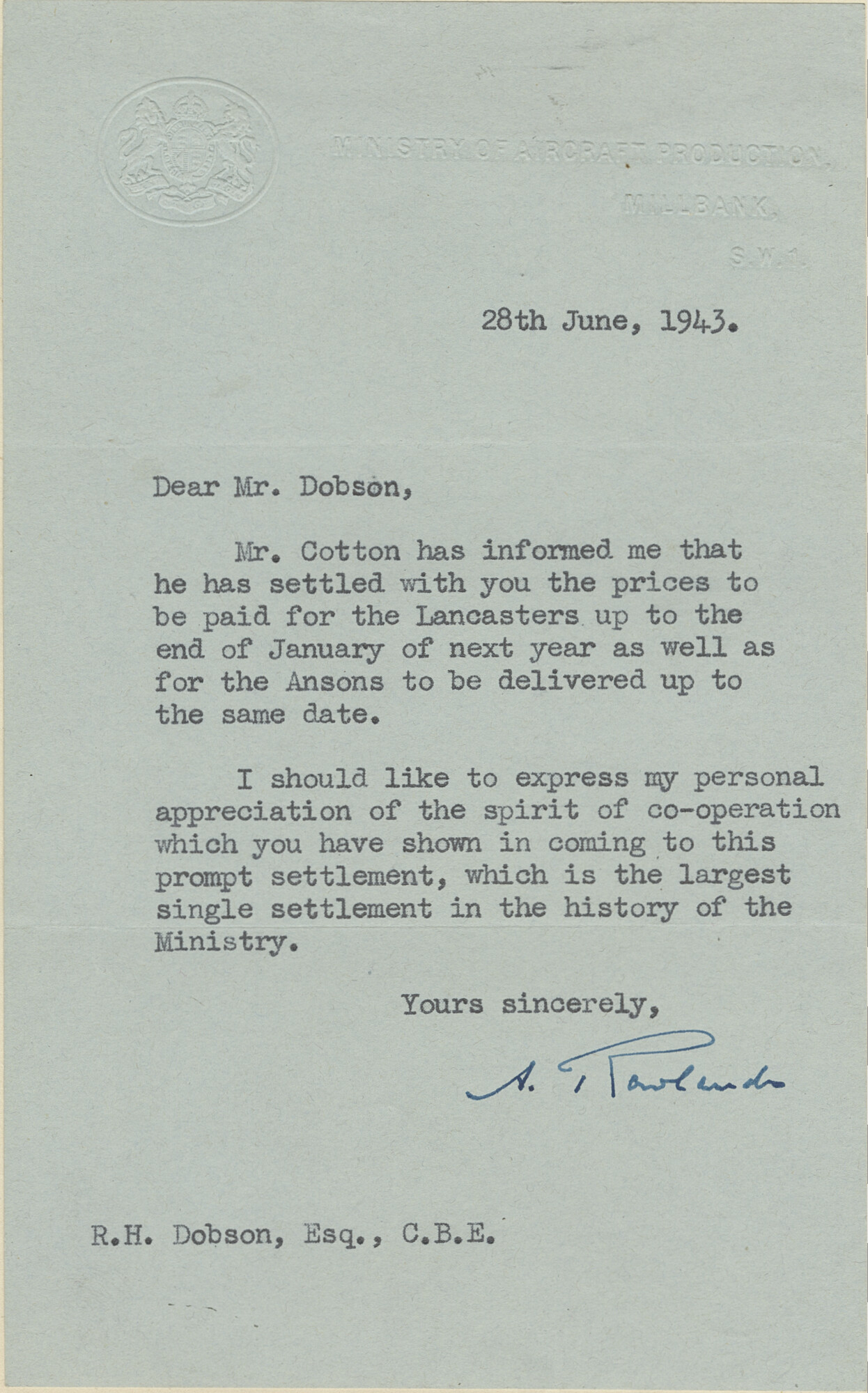 Letter to Roy Hardy Dobson, Managing Director of Avro, from the Ministry of Aircraft Productions, related to the delivery of Lancaster and Anson aircraft during the Second World War.