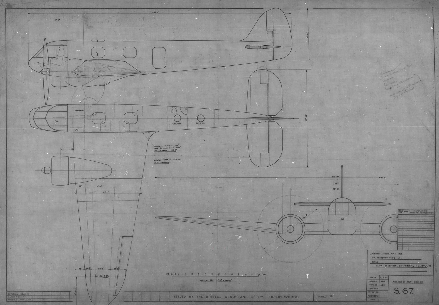 General arrangement drawing of Bristol Type 142, twin-engined monoplane, 27th April 1934.