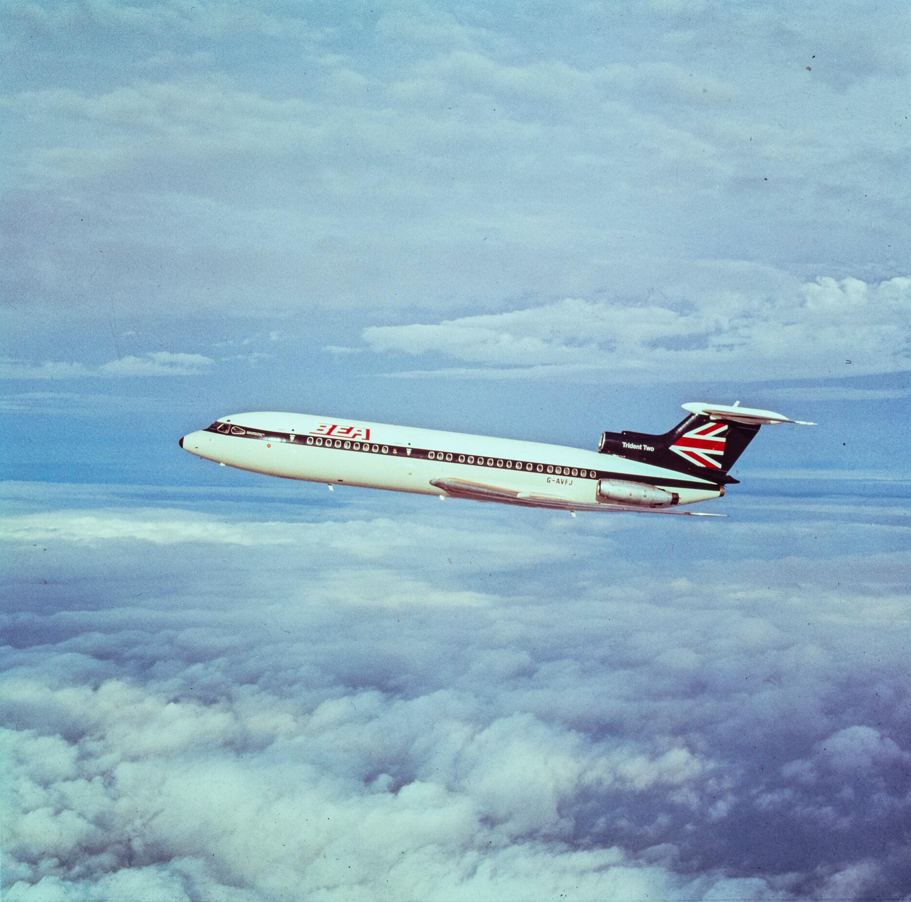 British European Airways (BEA) Hawker Siddeley HS-121 Trident 2 (G-AVFJ) in flight, 1968.