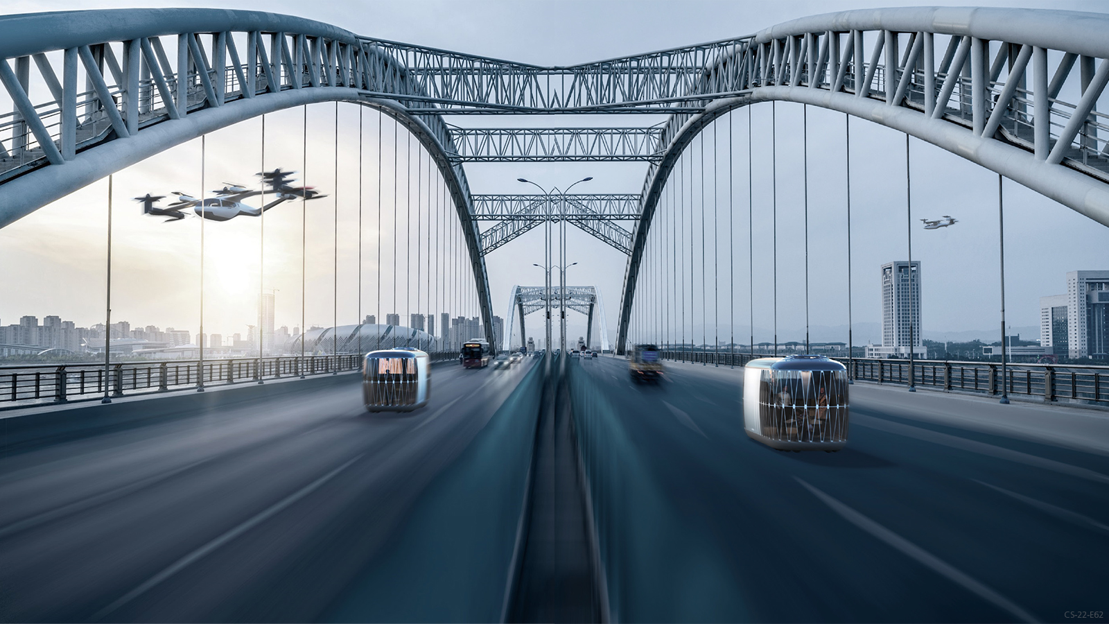 Artist rendering of electric aircraft flying over city