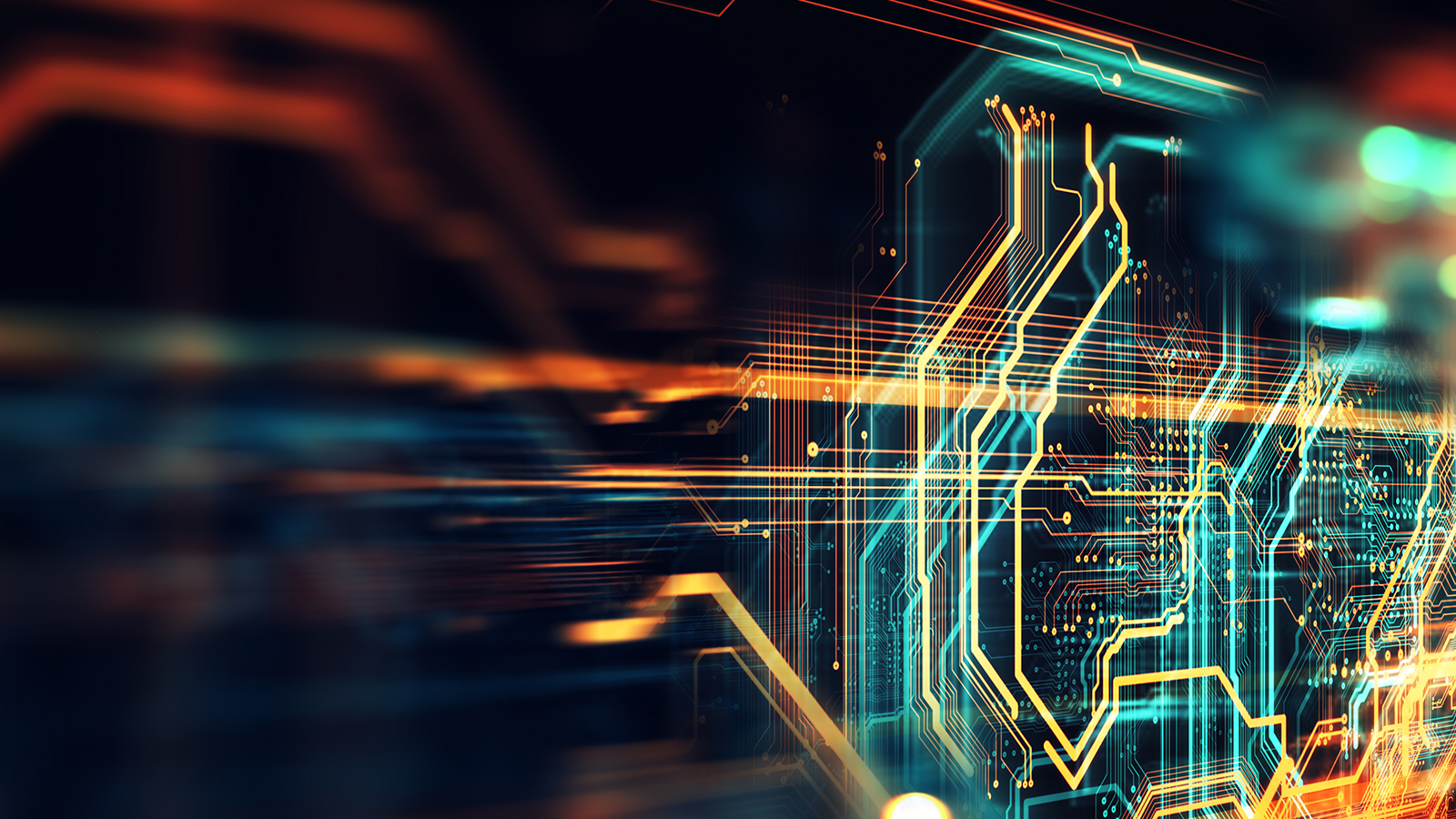 Illustration of a printed circuit board (PCB), signifying the next generation EW and C4ISR technologies our FAST Labs Defense Electronics R&D team develops for U.S. and allied air, sea, ground, and space platforms.