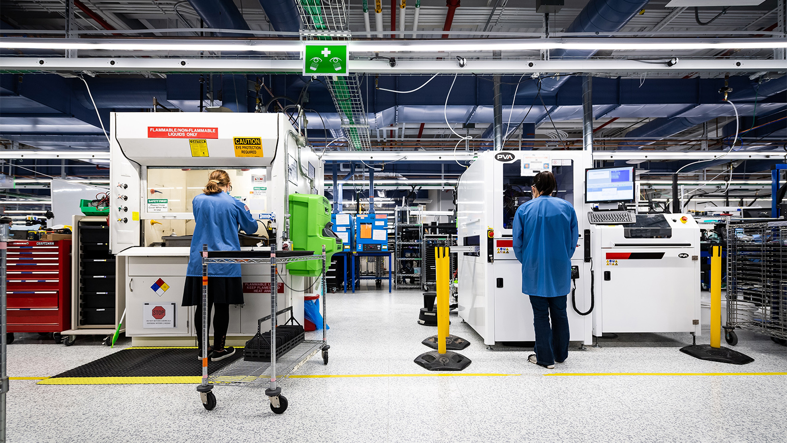 Employees in BAE Systems' electronic warfare labs conduct their work while practicing social distancing.