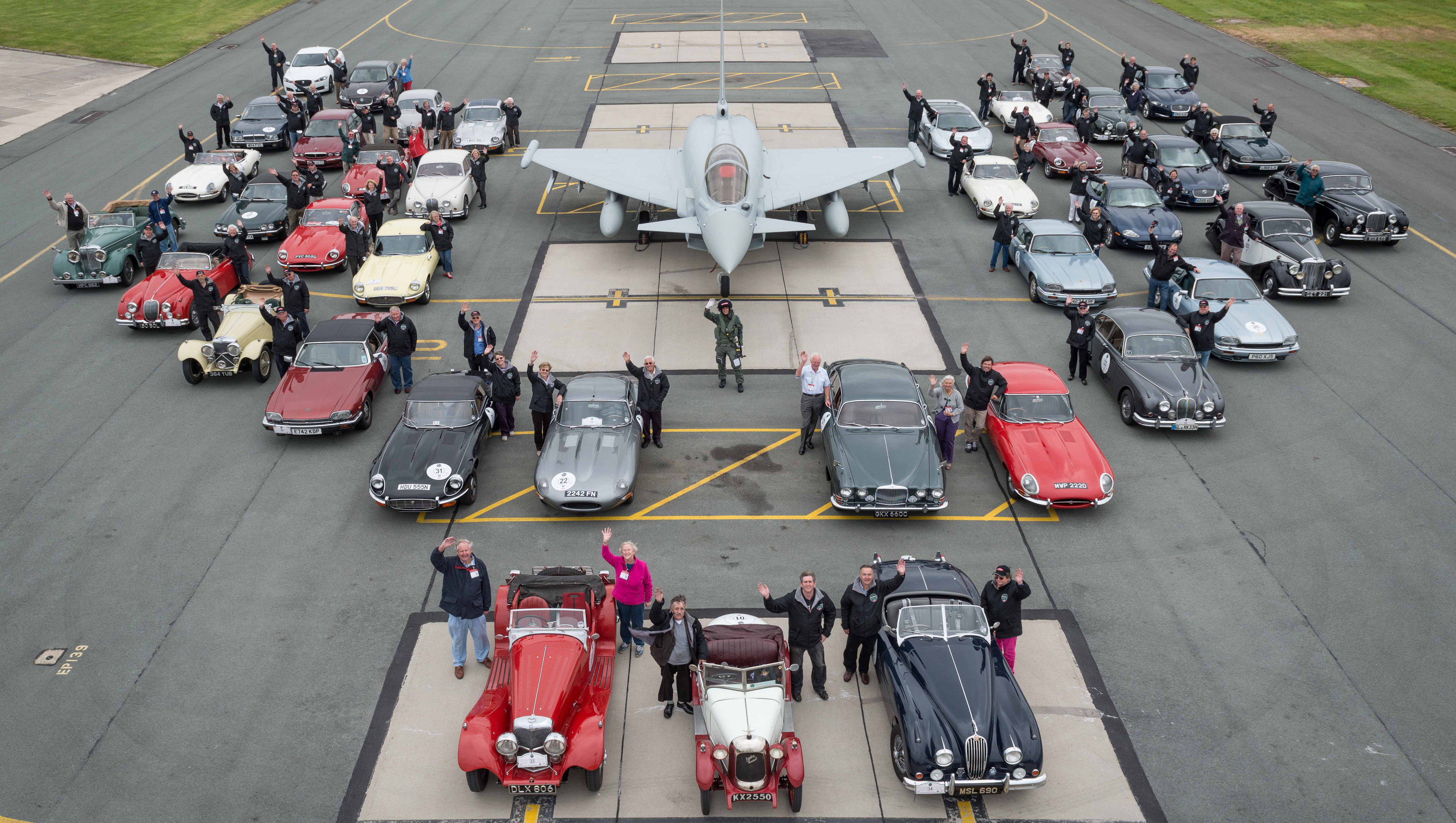 Two iconic British brands together – as part of Jaguar’s 90th birthday celebrations, 40 classic jags formed up next to Eurofighter Typhoon at BAE Systems Warton