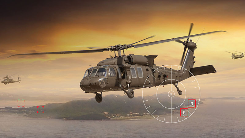 Blackhawk helicopter with island in the background