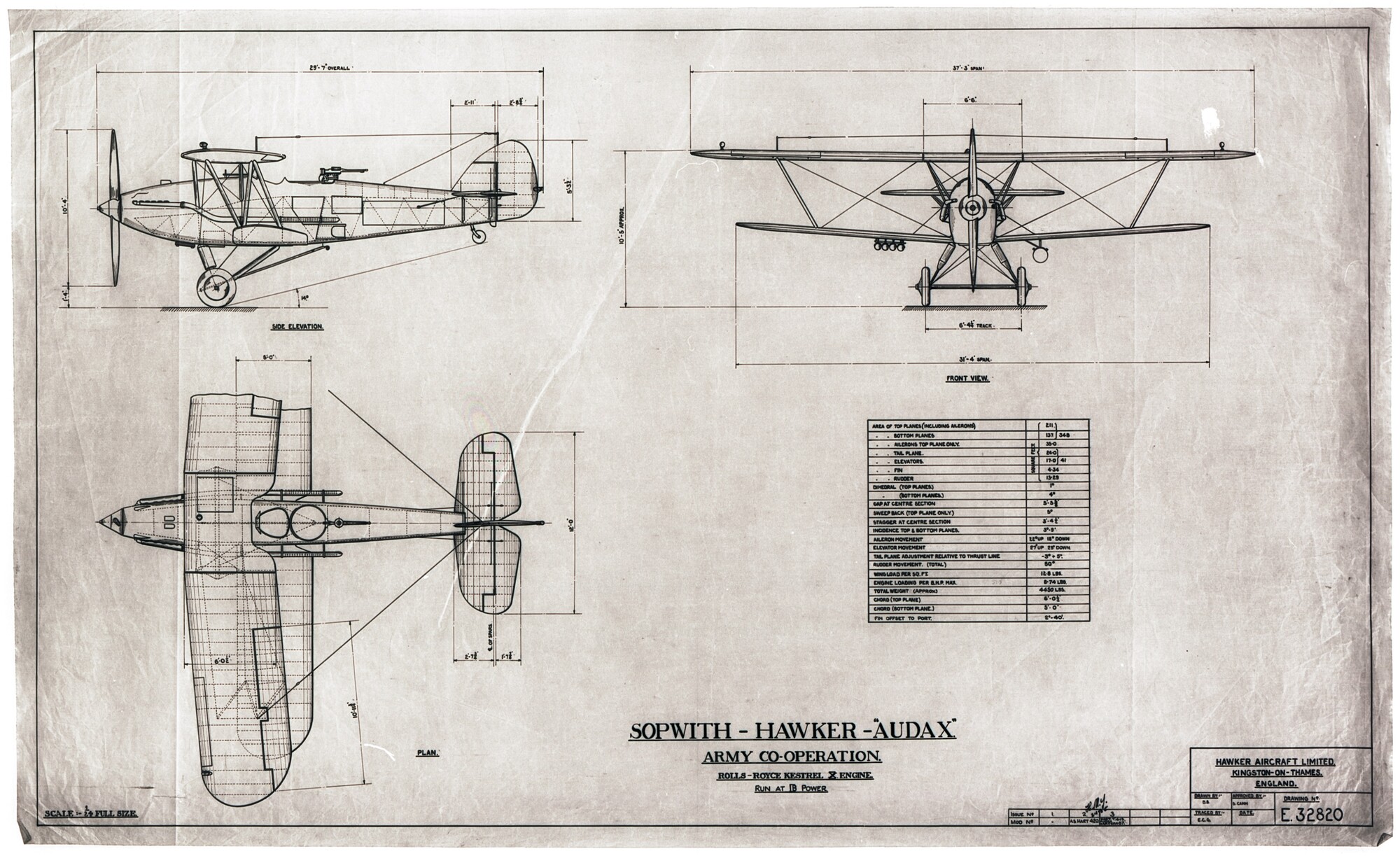 Sopwith-Hawker Audax Army Co-operation aircraft, three view drawing, c. 1935.