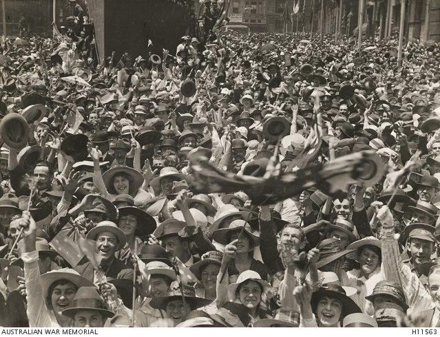 *image courtesy of Australian War Memorial  A crowd in Martin Place, central Sydney, celebrate the news of the signing of the armistice. This date was celebrated in subsequent years as Remembrance Day. 