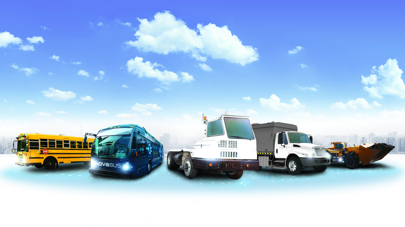 Rendering of school bus, transit bus, yard truck, sanitation truck, and mining vehicle electrified under cloudy sky. 