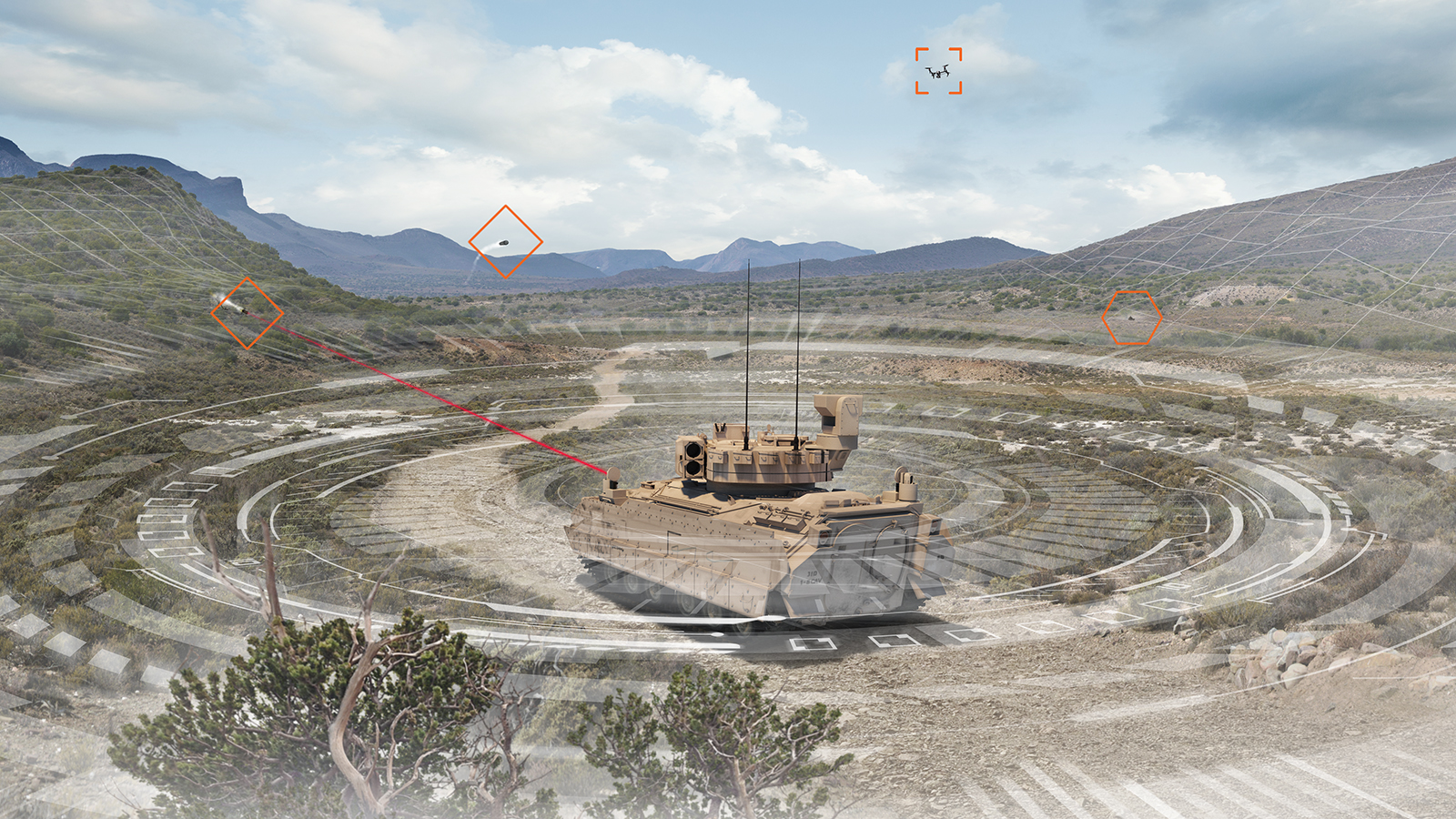 Bradley M2A3 vehicle in a high-threat zone overlaid by a diagram of the 360˚ of detecting, tracking, and defeating threats that BAE Systems Vehicle Protection Systems provide.