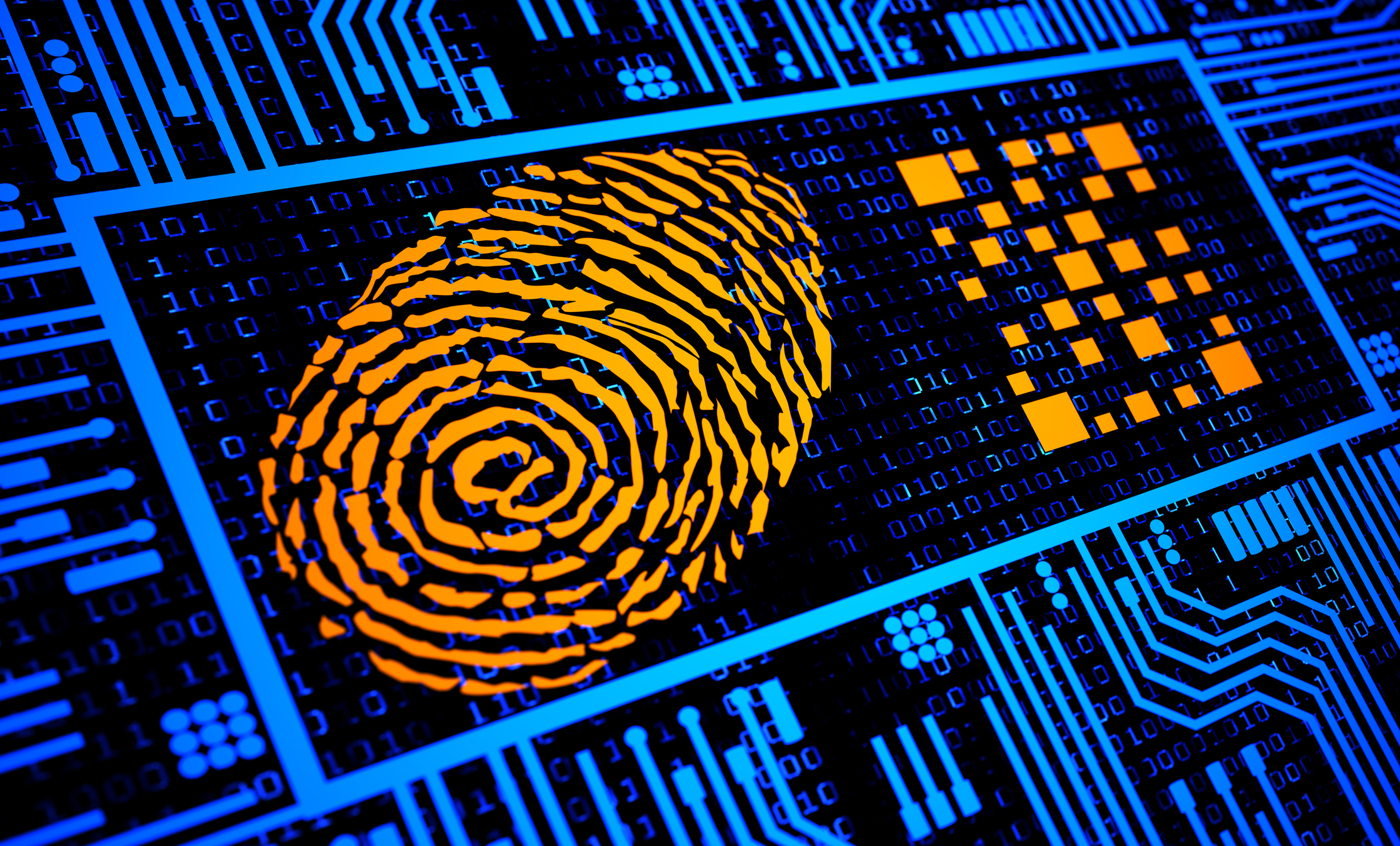 Fingerprint and QR Code in Orange over blue digital background