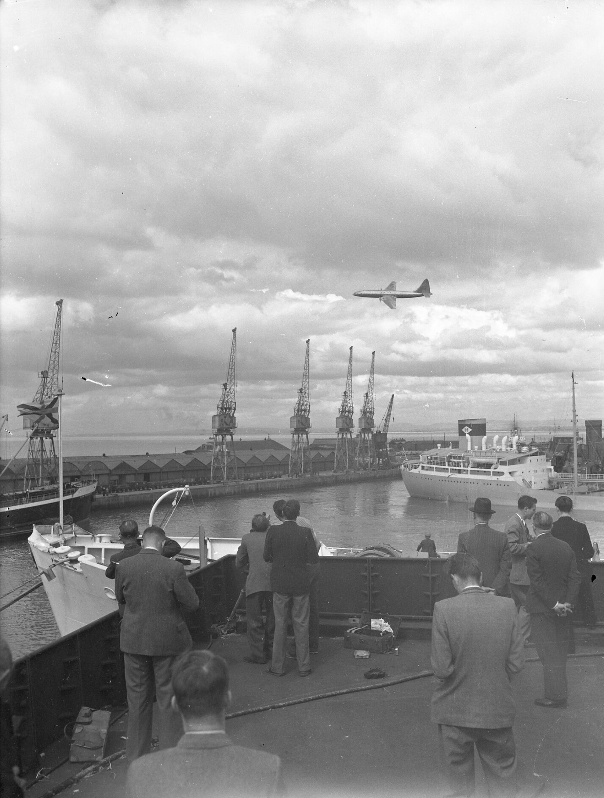 Bristol 167 Brabazon. Ground to air view of aircraft over Bristol Docks, c. 1950.