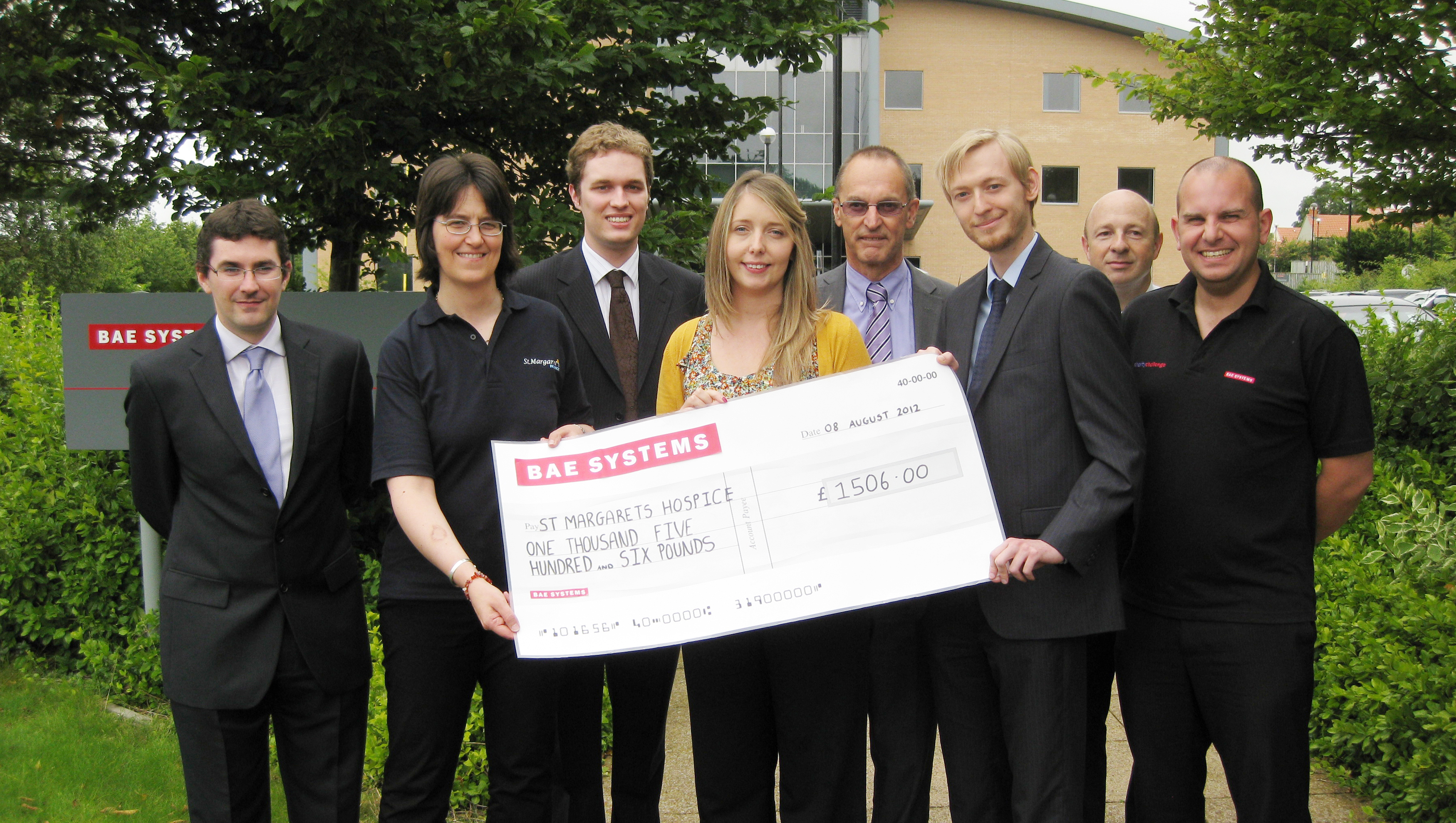 L-R: Matt Horsley, Bridget Hill, St. Margaret's Hospice, Jason House, Natasha Harrison, Pete Westcott, James Brzezicki, Barry Thraves and Chris Spurway