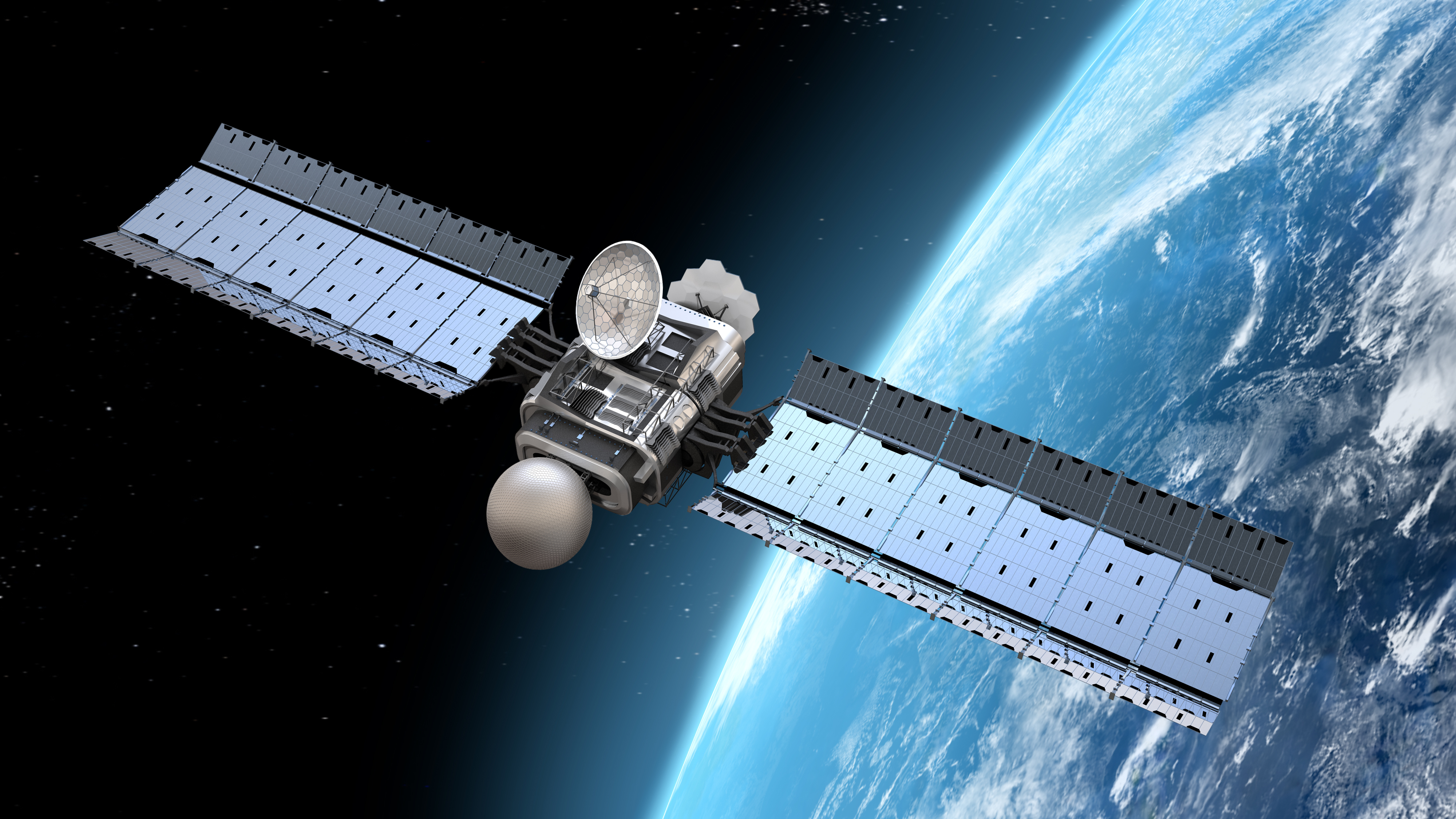 Communications satellite in orbit, an example of space-based equipment that requires radiation-hardened electronics like BAE Systems has been developing for over 50 years.