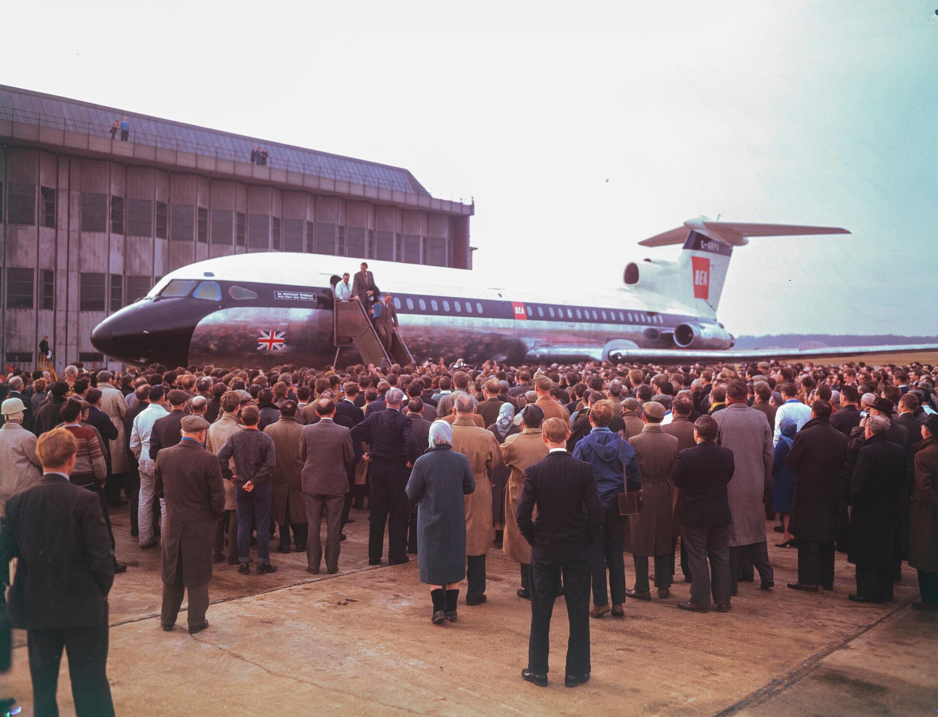 British European Airways (BEA) de Havilland DH-121 Trident 1C (G-ARPA) after maiden flight at Hatfield, 9th January 1962.
