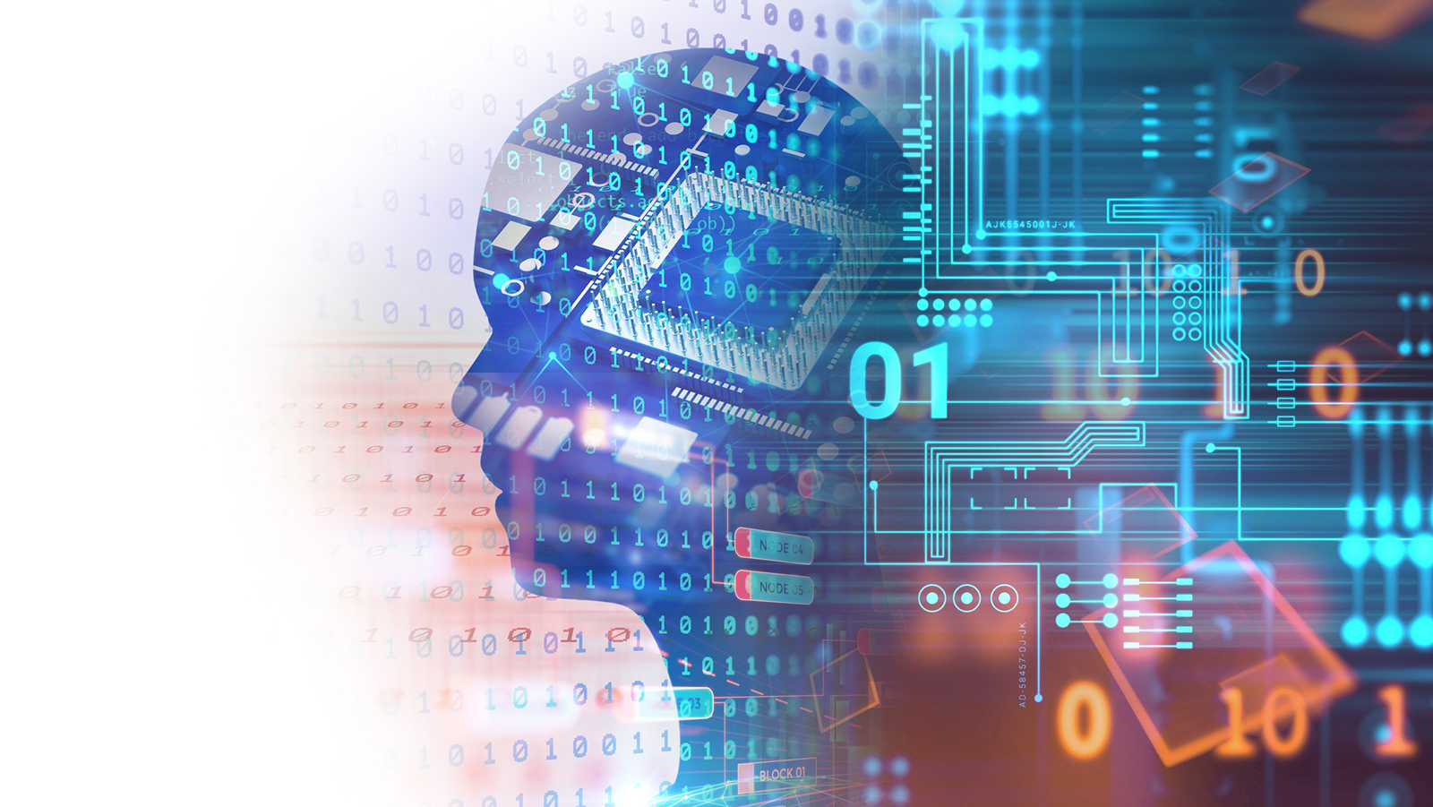 Head silhouette surrounded by data