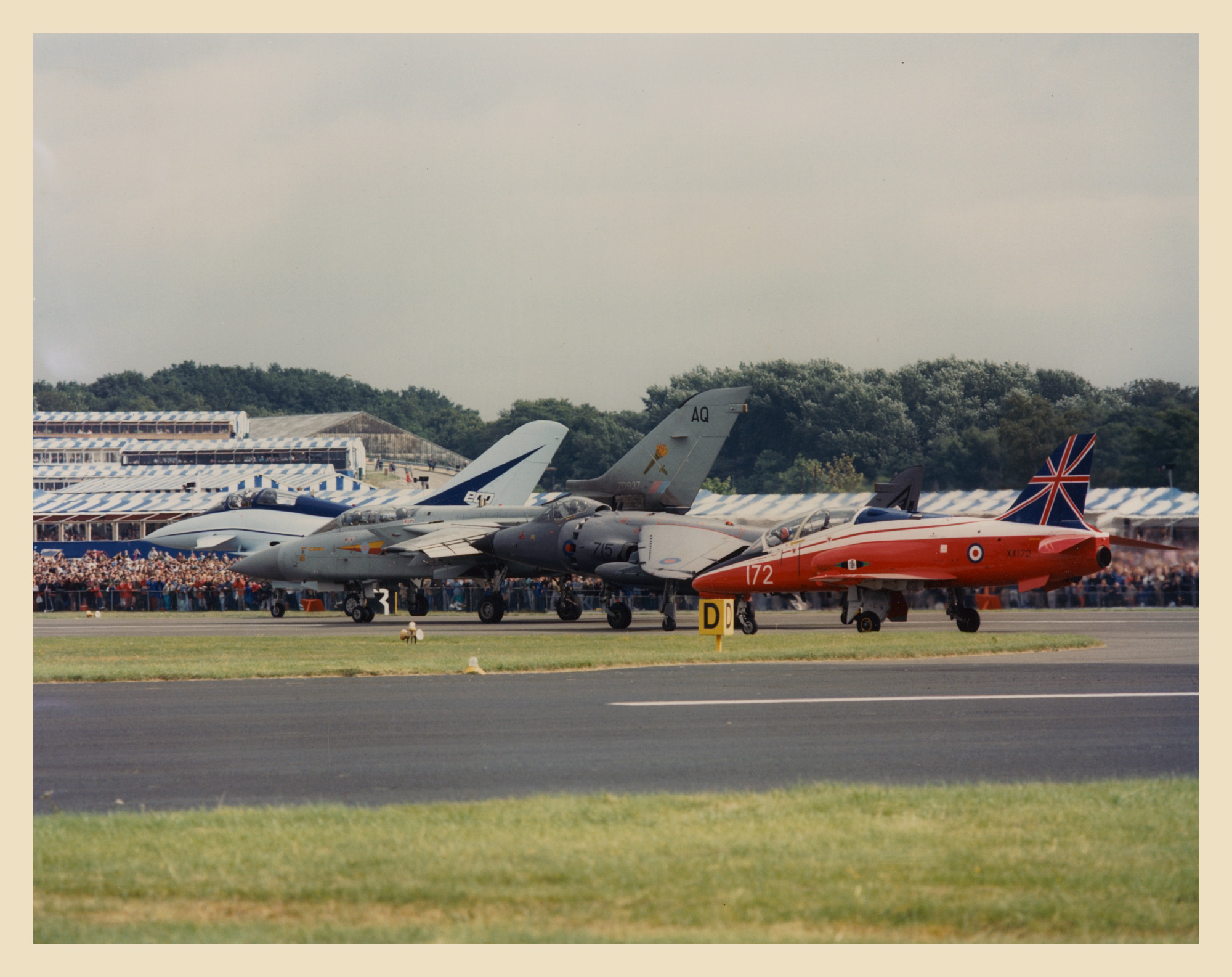 British Aerospace military aircraft line up at Farnborough International Air Show 1986 - EAP, Tornado, Harrier, Hawk