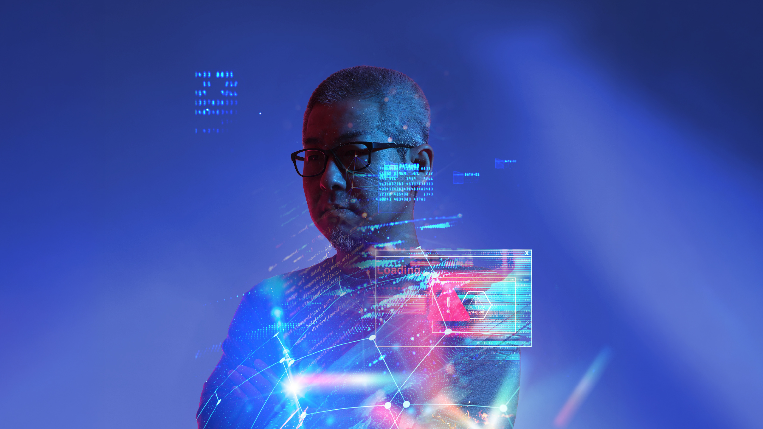 Colourful abstract image of a person with computer screens and data