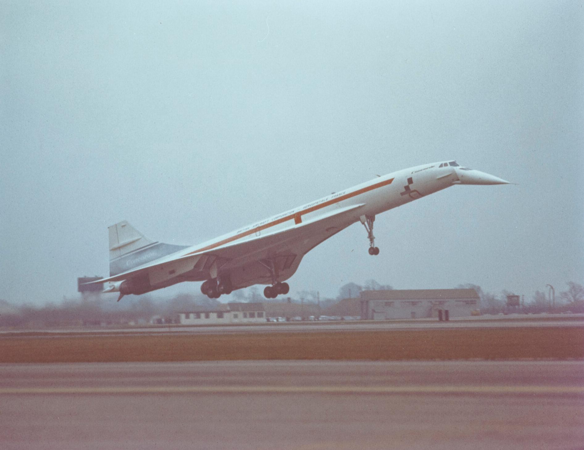 First flight of UK pre production model Concorde (Aircraft 101) G-AXDN at Filton.
