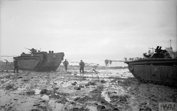 The British Army in North-West Europe 1944-1945 - LVT Buffalo amphibians during the invasion of Walcheren Island, 1 November 1944. Credit: Imperial War Museum