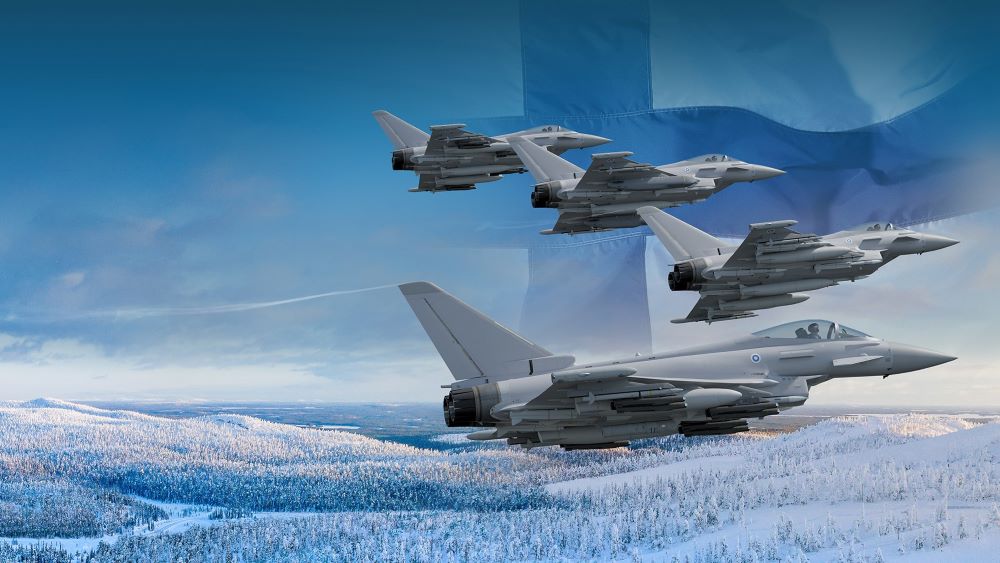 Image of Eurofighter Typhoon flying across a Finnish landscape.