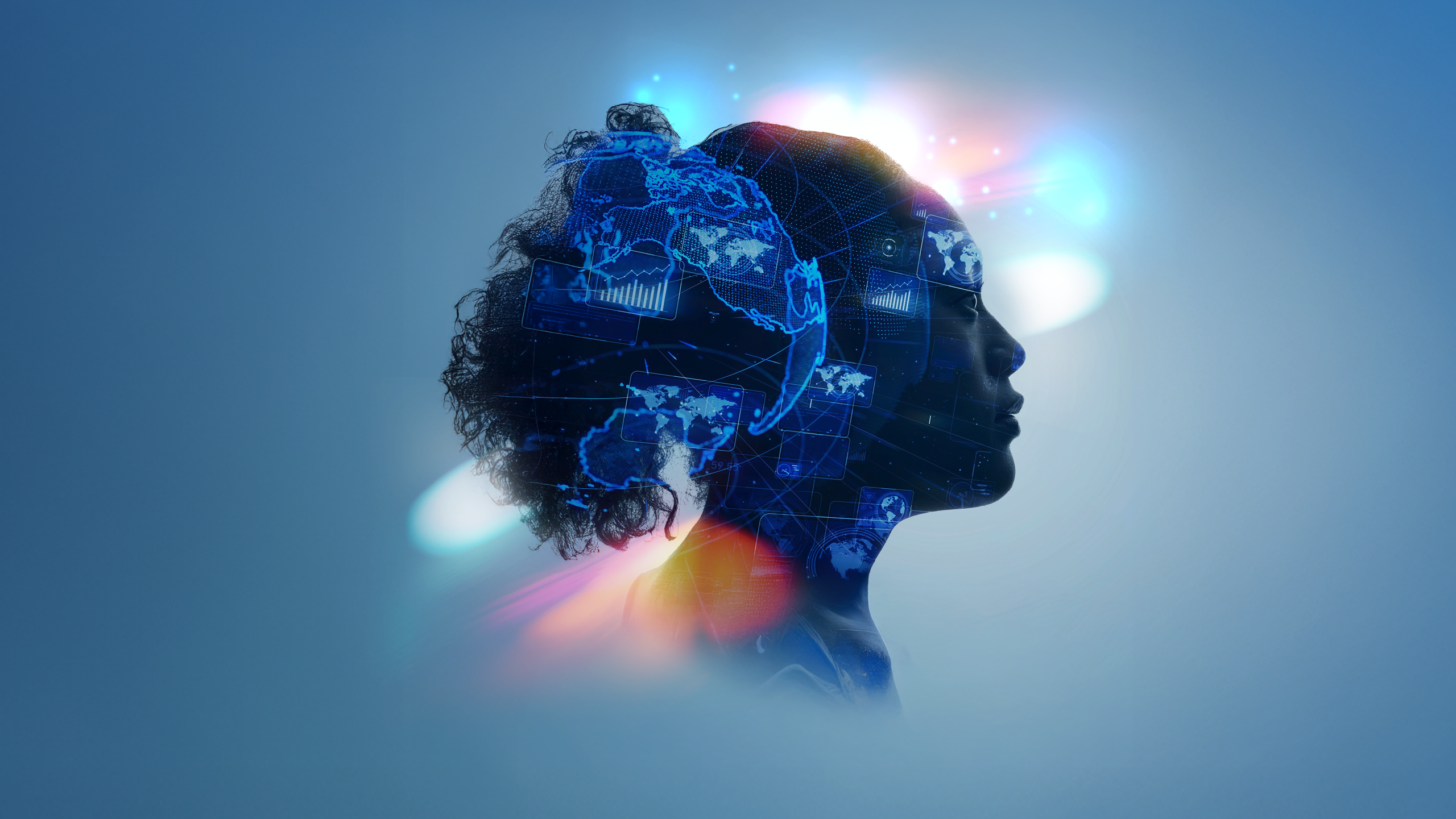 Abstract image of a woman with digital images projected onto her head