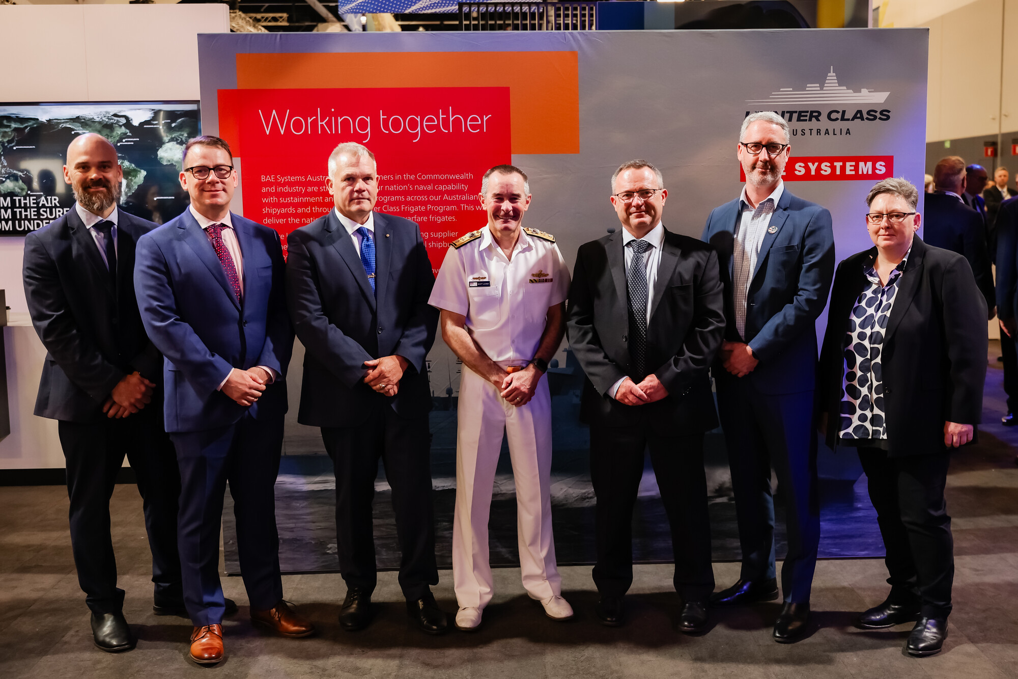 L to R - Brett Fenton, Chief of Staff, Hunter Class Frigate Branch; Peter Keaney, Vice President, Engineering, Ultra Maritime Australia; Jonathan Sadleir, General Manager, Ultra Maritime Australia; CDRE Scott Lockey, Director General Hunter Class Frigate; Andy Coxall, Delivery Director – Acquisition, BAE Systems Maritime Australia; Nic Coleman, Director of Sonar Programs, Ultra Maritime Australia; Tracey Clavell, Head of Supply Chain – Acquisition, BAE Systems Maritime Australia.
