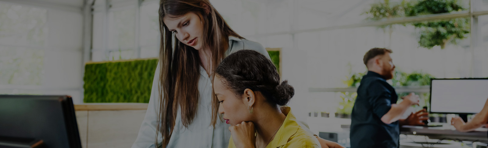 Two female employees looking at a computer screen