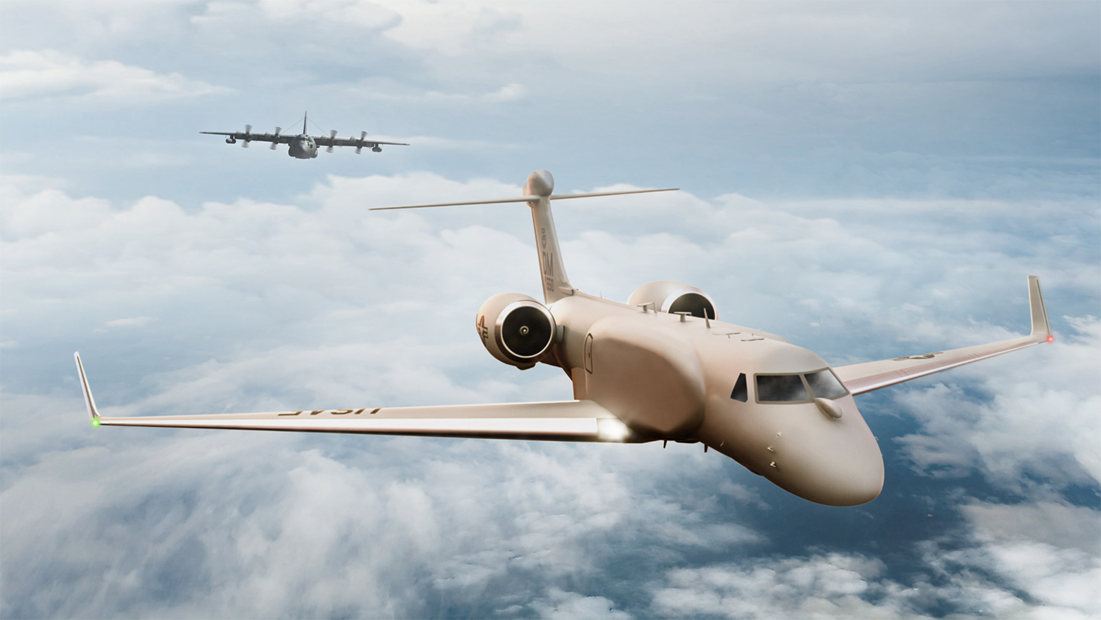 Tan colored EC-37B aircraft in foreground flying above clouds with gray EC-130H in background.