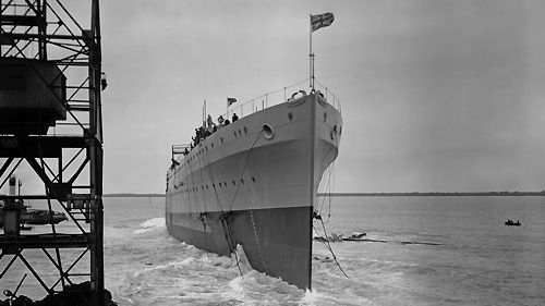 Cruiser, HMS Ajax (Leander Class). Launch into Walney Channel, 1st March 1934. Credit: The Dock Museum, Barrow-in-Furness