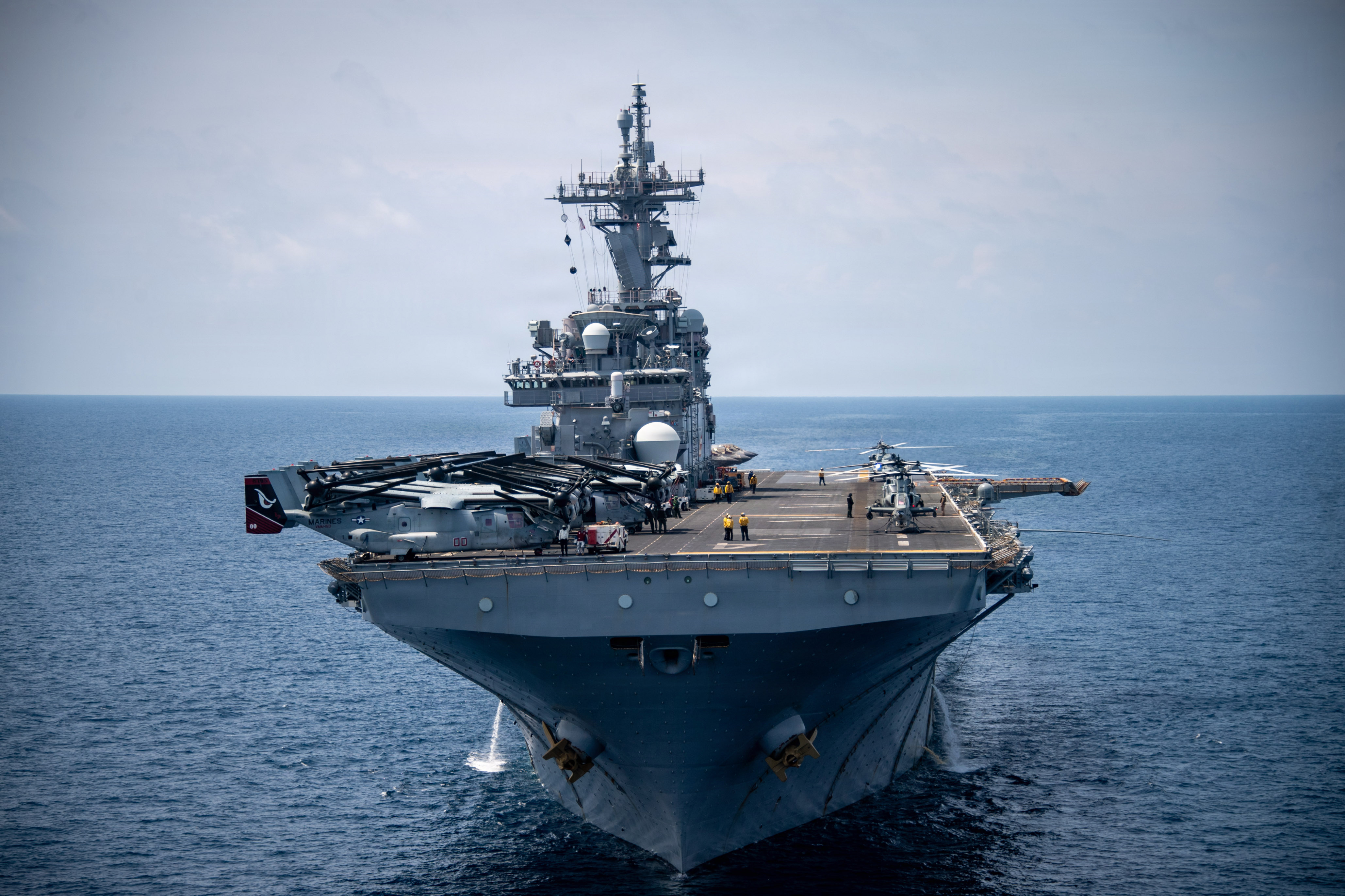 Wasp-class amphibious assault ship USS Boxer (LHD 4) transits the Surigao Strait, April 26, 2026.
