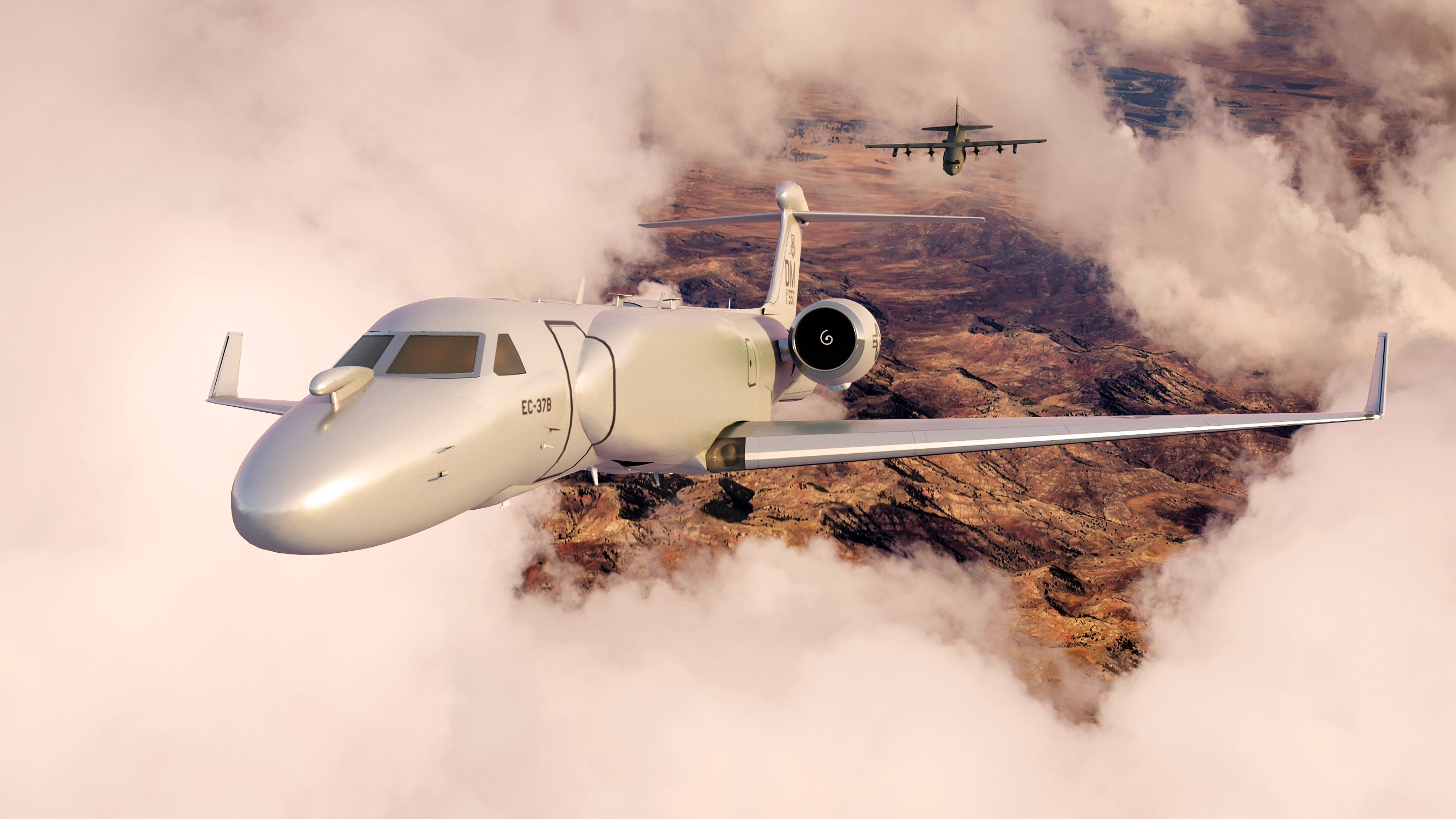 EC-37B flying through opening in the clouds with second aircraft visible flying behind it in the distance. Mountainous terrain visible below.